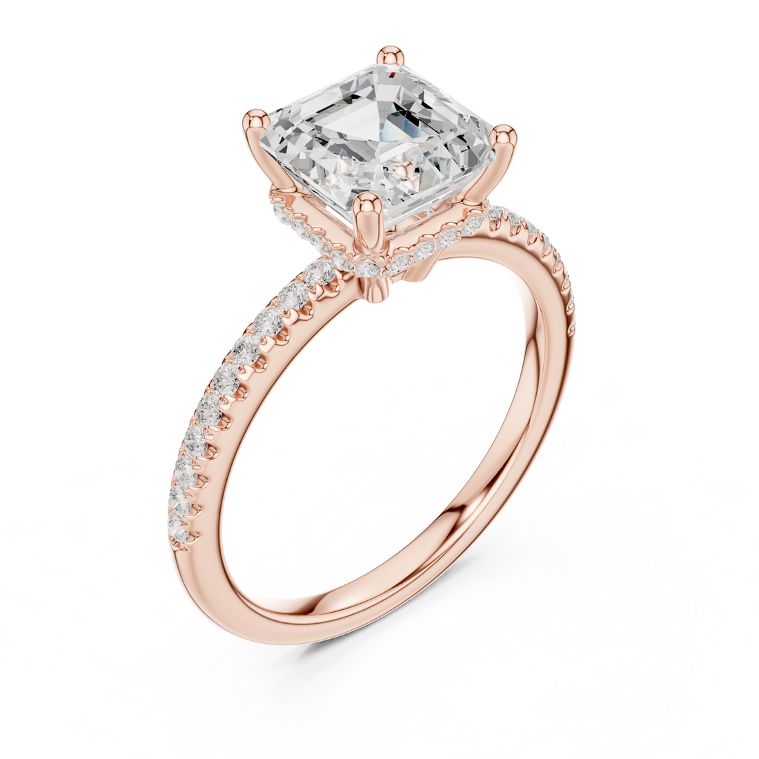 Asscher Cut Hidden Halo Cathedral Pavé Engagement Ring