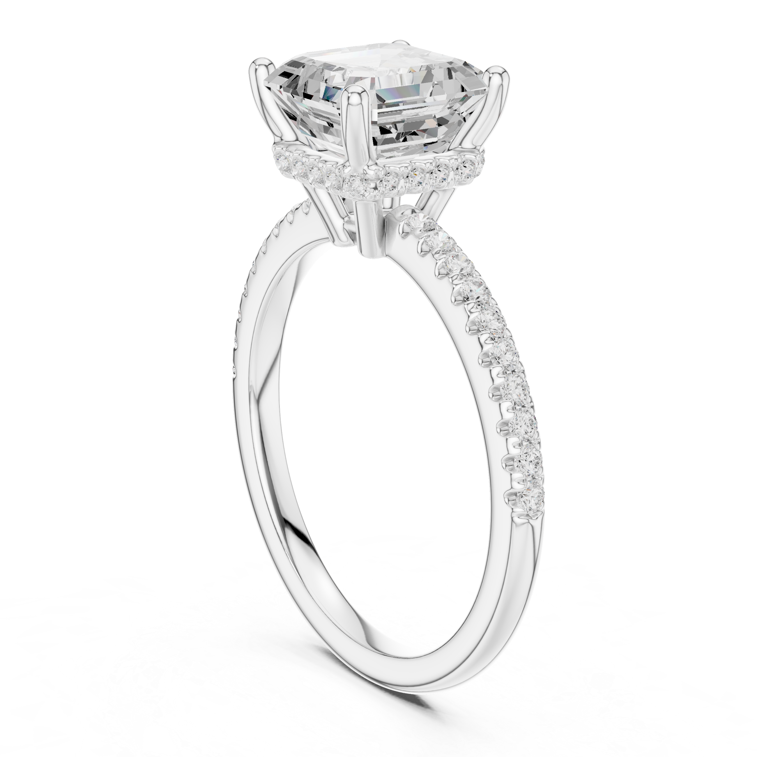 Asscher Cut Hidden Halo Cathedral Pavé Engagement Ring