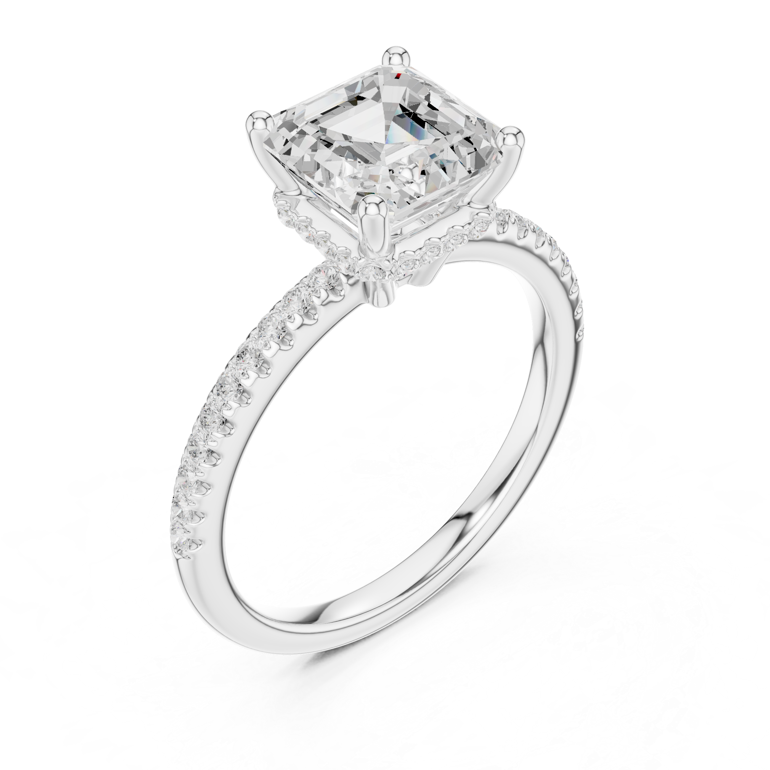 Asscher Cut Hidden Halo Cathedral Pavé Engagement Ring