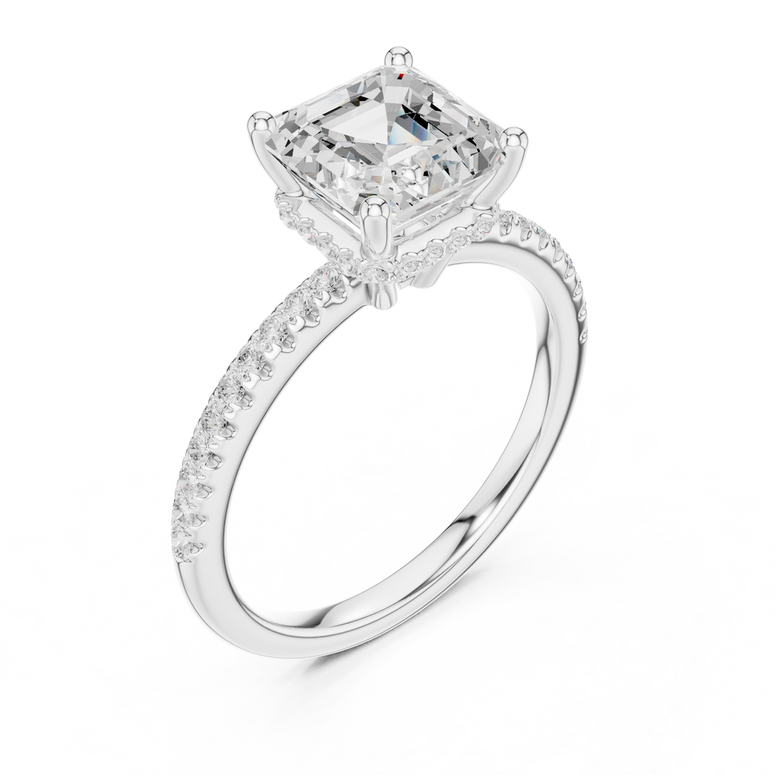 Asscher Cut Hidden Halo Cathedral Pavé Engagement Ring