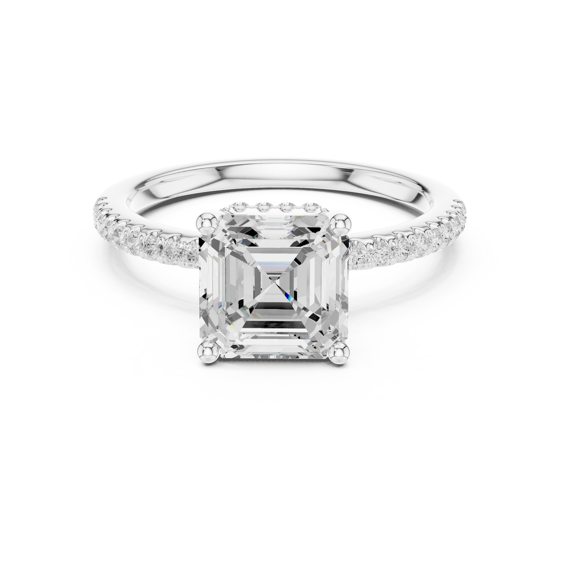 Asscher Cut Hidden Halo Cathedral Pavé Engagement Ring