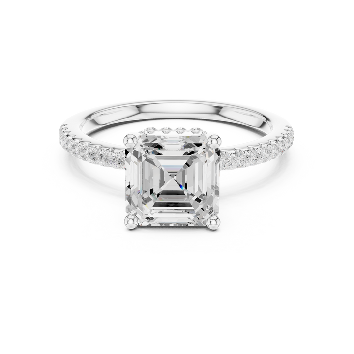 Asscher Cut Hidden Halo Cathedral Pavé Engagement Ring