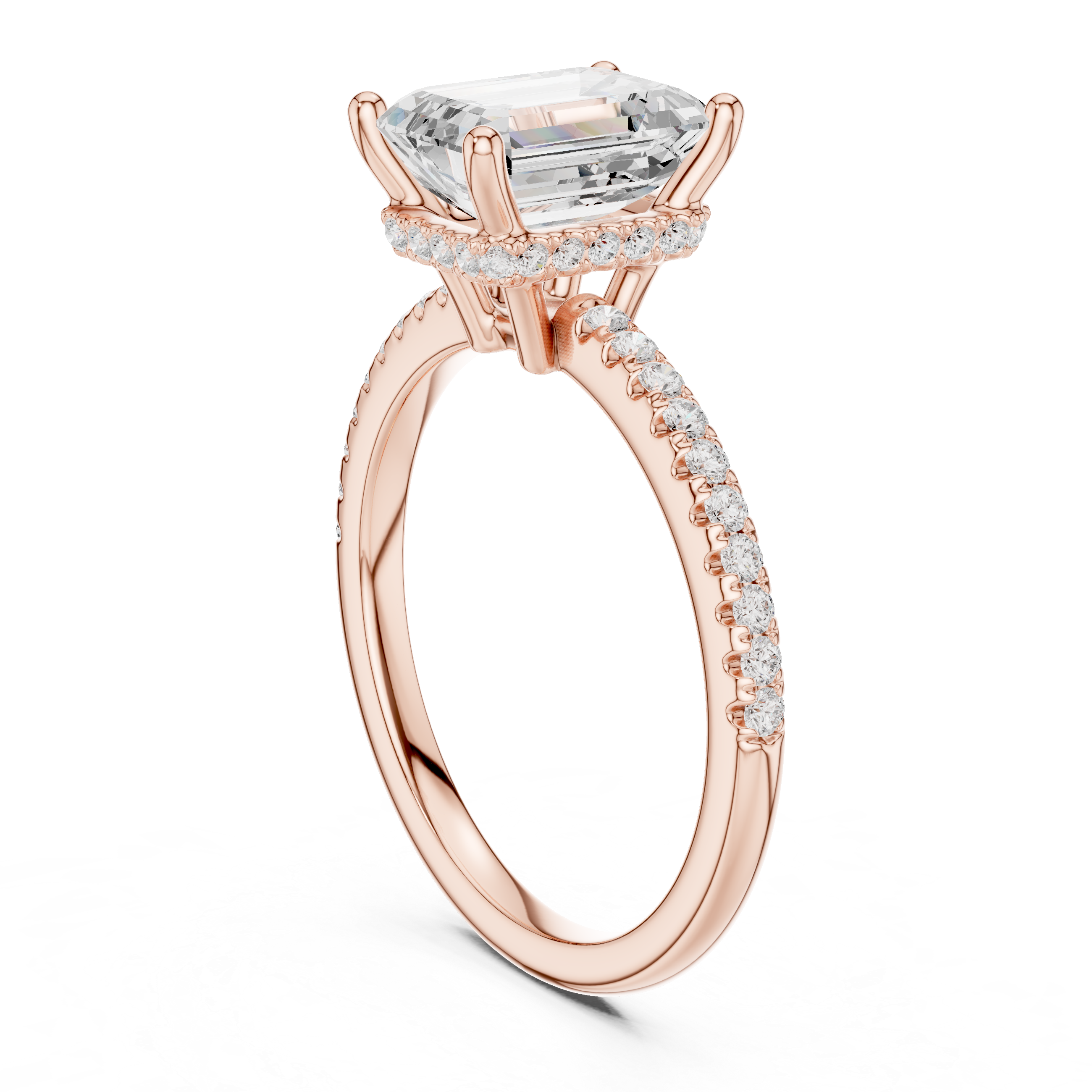 Emerald Cut Hidden Halo Cathedral Pavé Engagement Ring