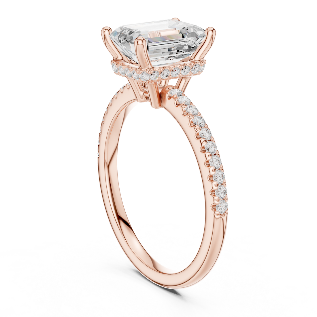 Emerald Cut Hidden Halo Cathedral Pavé Engagement Ring