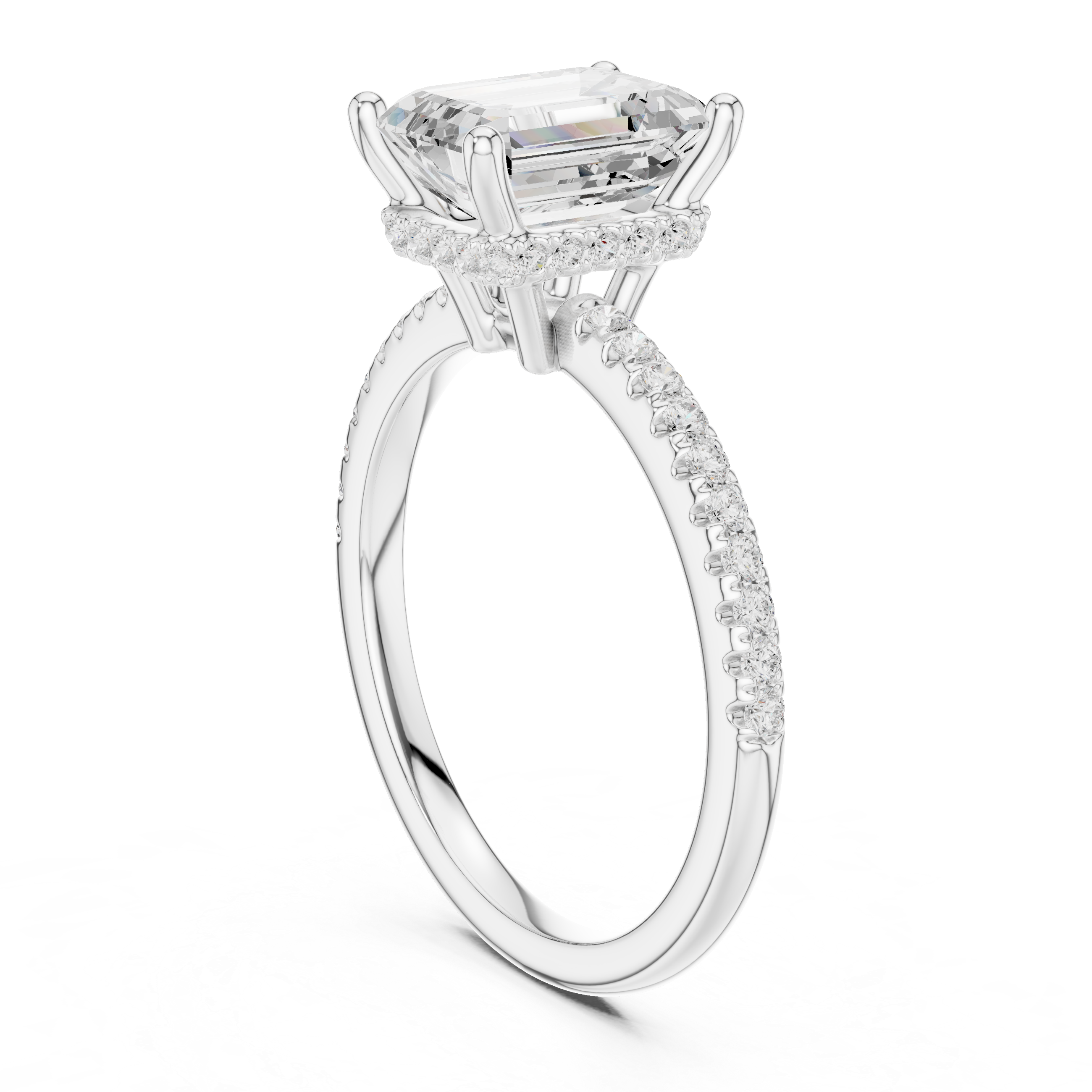 Emerald Cut Hidden Halo Cathedral Pavé Engagement Ring