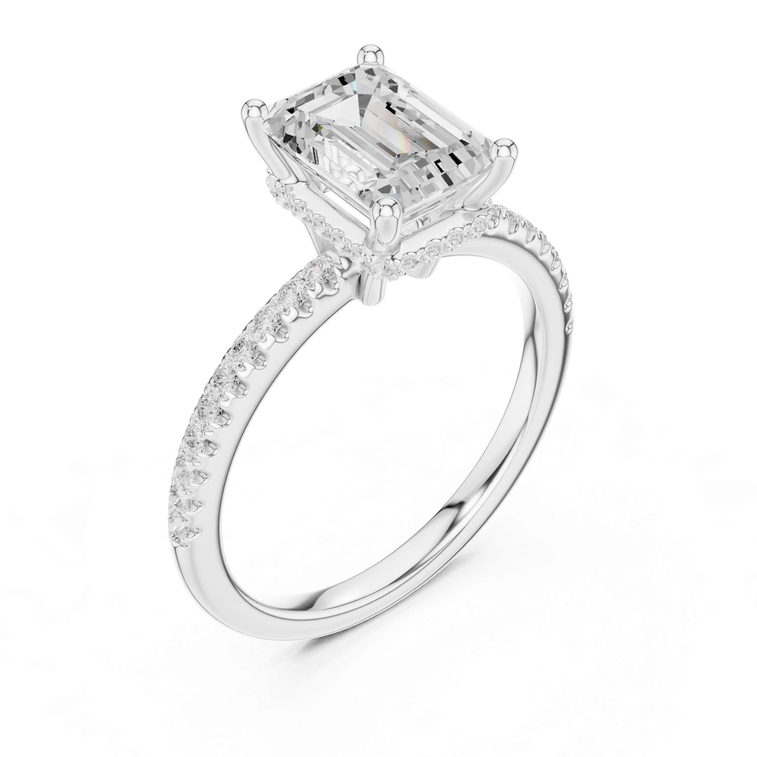 Emerald Cut Hidden Halo Cathedral Pavé Engagement Ring