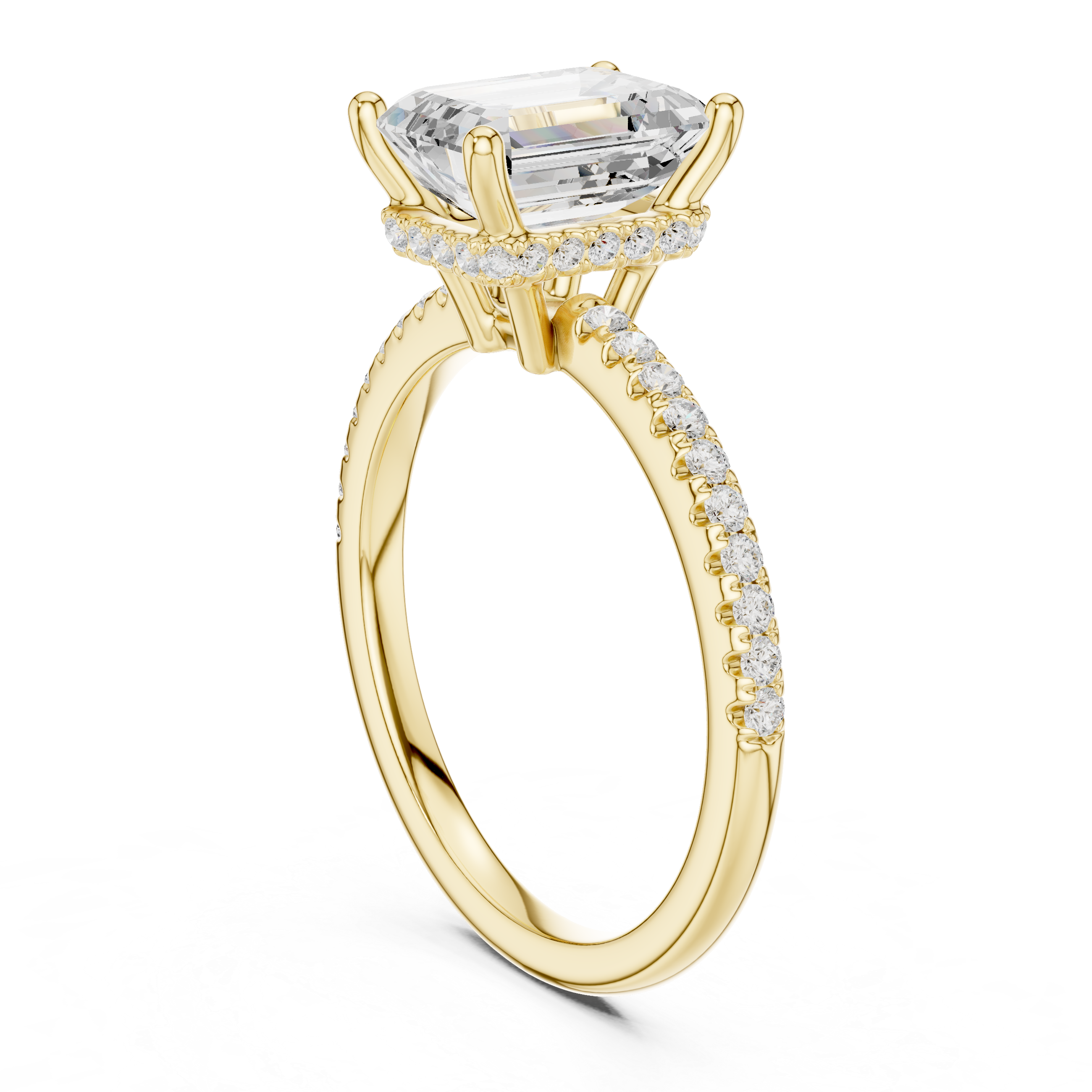Emerald Cut Hidden Halo Cathedral Pavé Engagement Ring