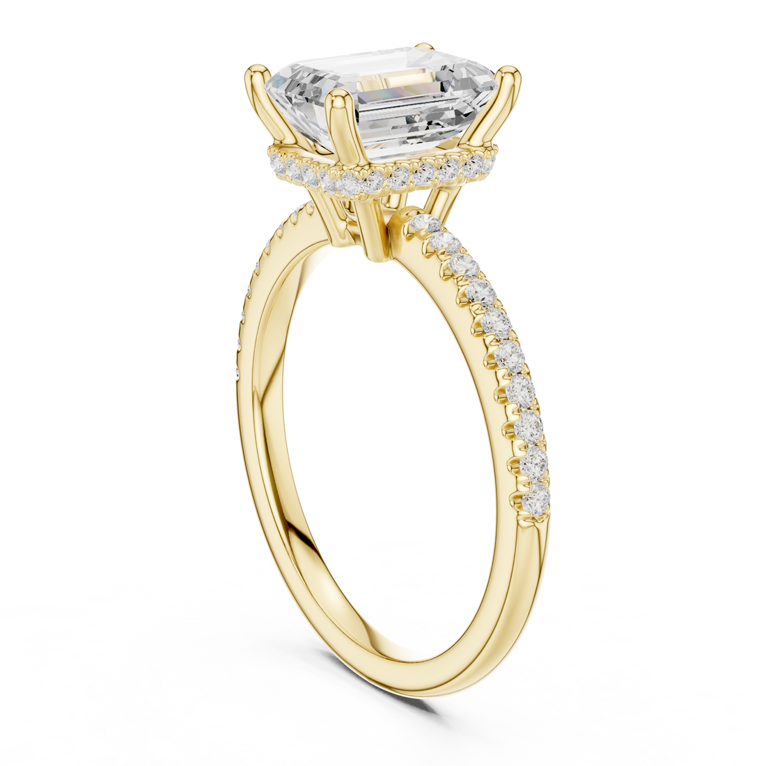 Emerald Cut Hidden Halo Cathedral Pavé Engagement Ring