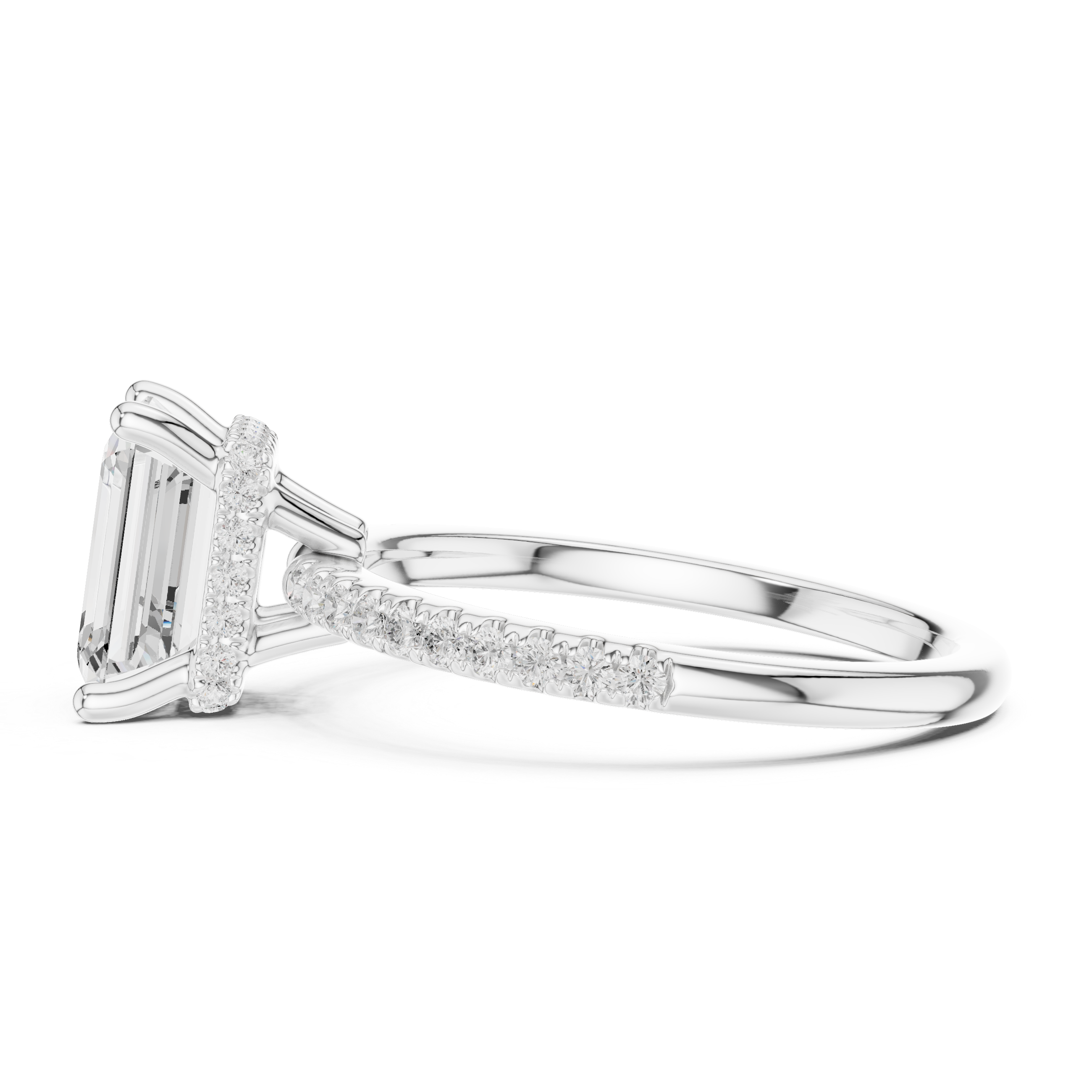 Emerald Cut Hidden Halo Cathedral Pavé Engagement Ring
