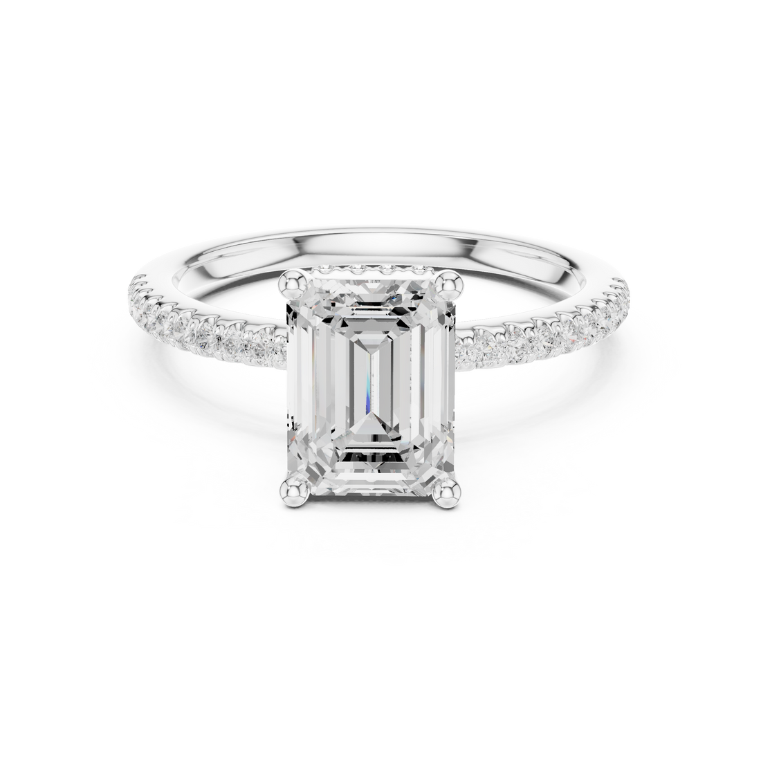 Emerald Cut Hidden Halo Cathedral Pavé Engagement Ring