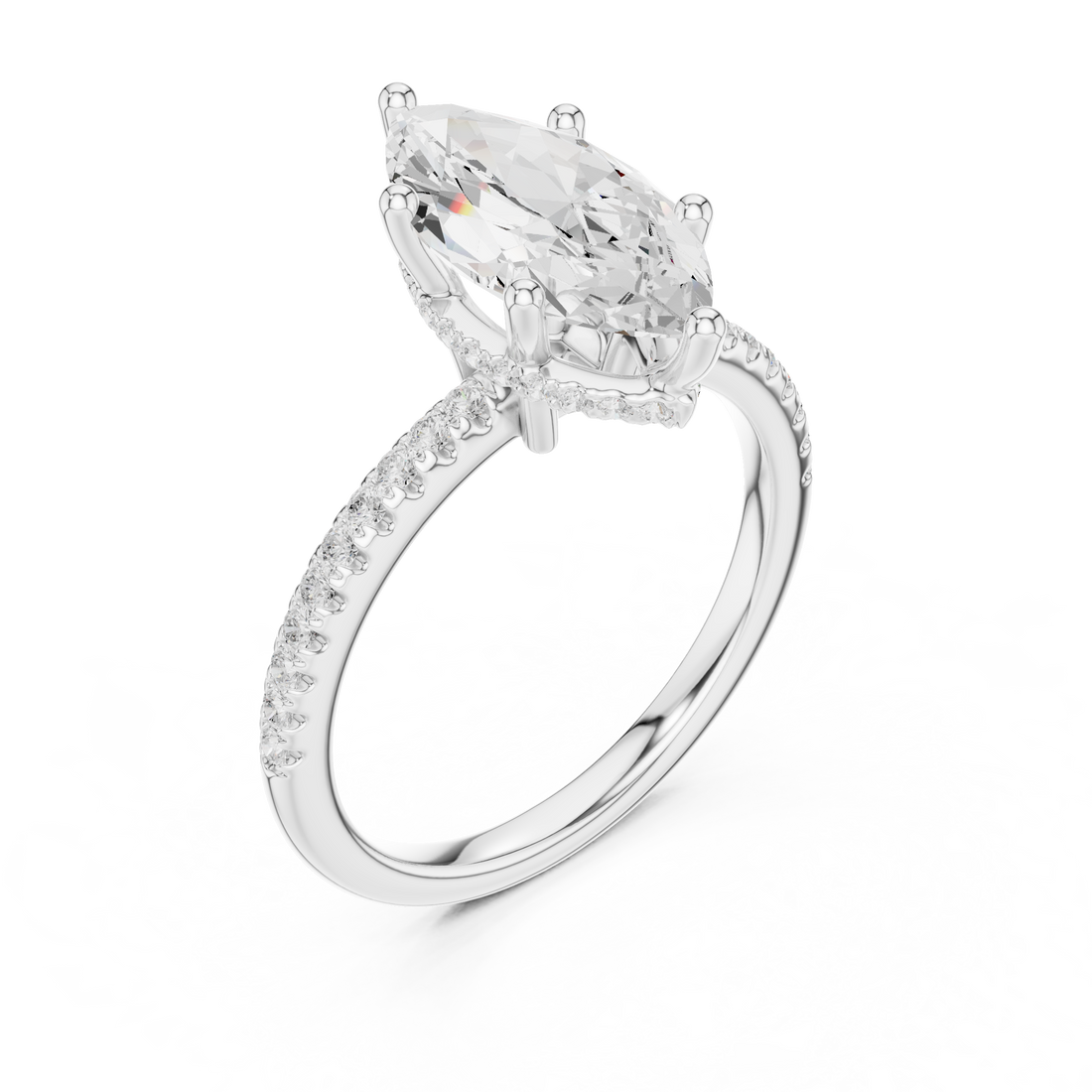Marquise Cut Hidden Halo Cathedral Pavé Engagement Ring