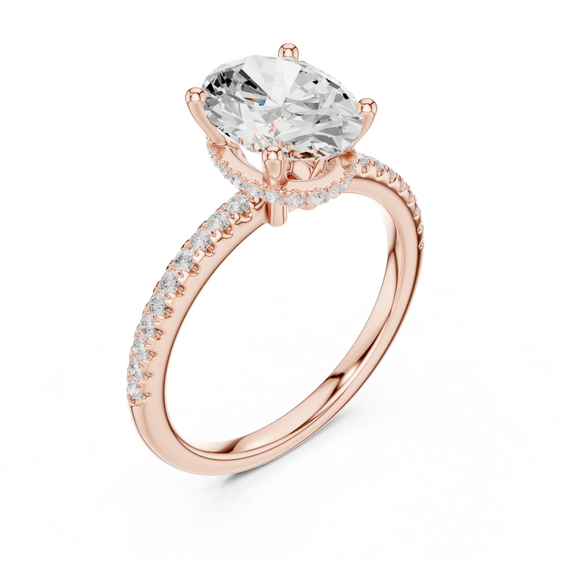 Oval Cut Hidden Halo Cathedral Pavé Engagement Ring