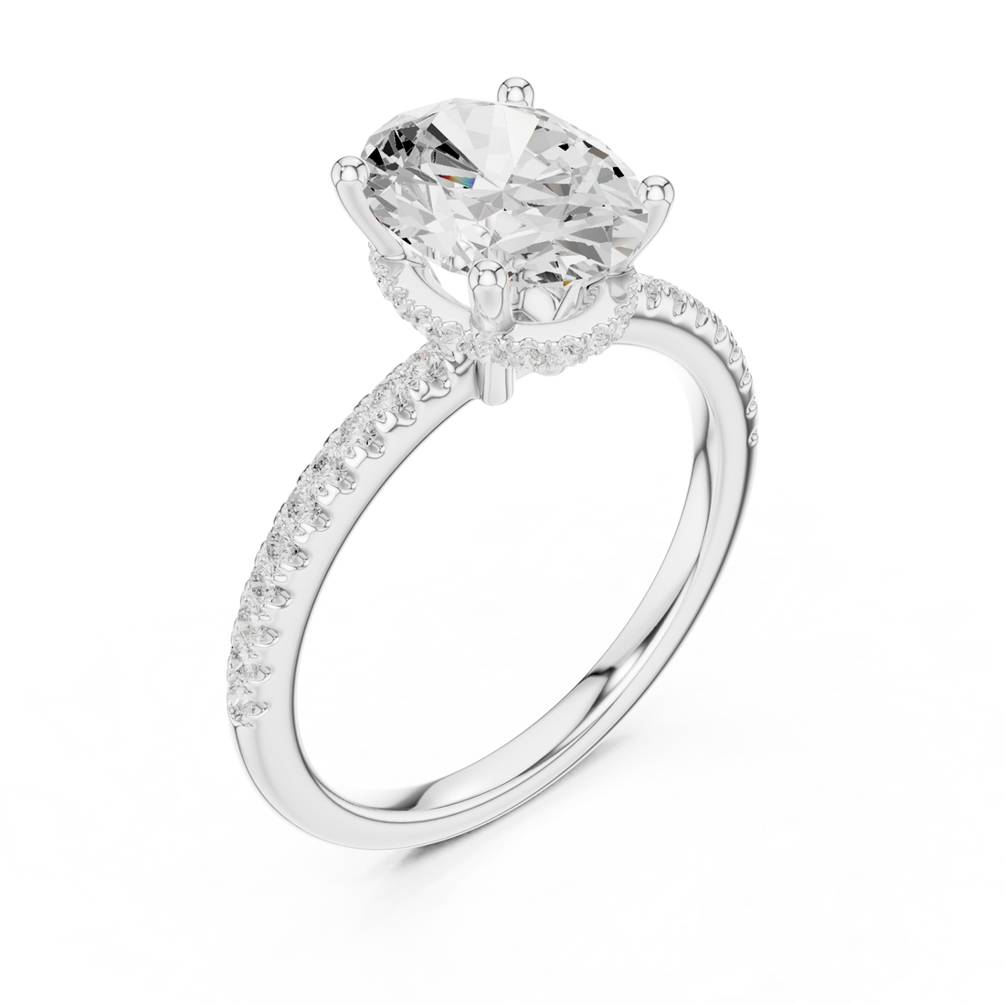 Oval Cut Hidden Halo Cathedral Pavé Engagement Ring