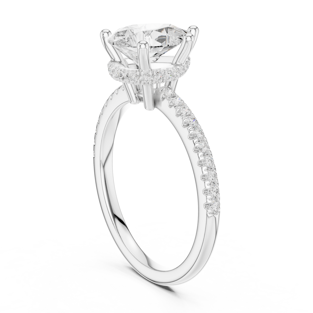 Pear Cut Hidden Halo Cathedral Pavé Engagement Ring