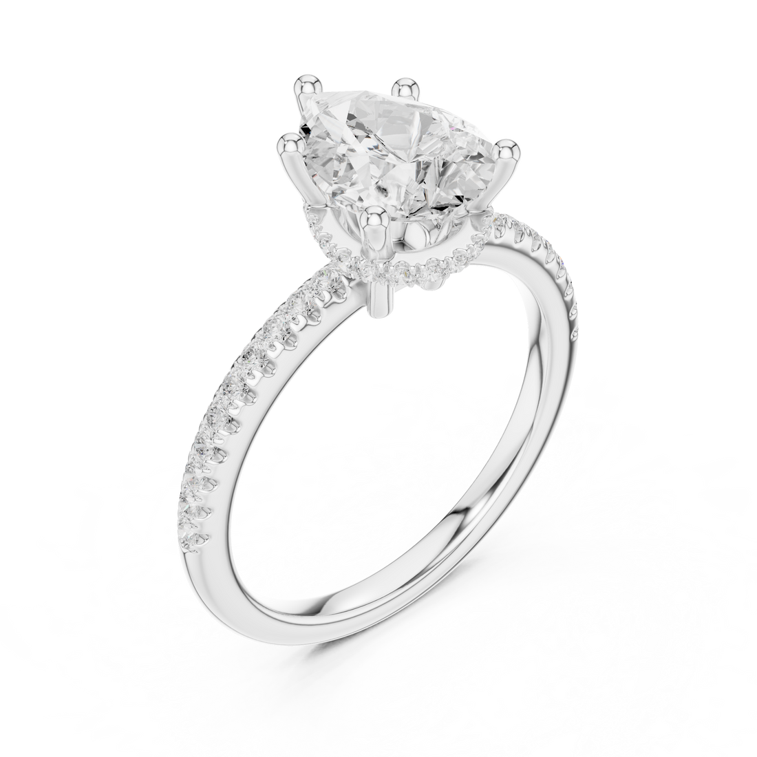 Pear Cut Hidden Halo Cathedral Pavé Engagement Ring