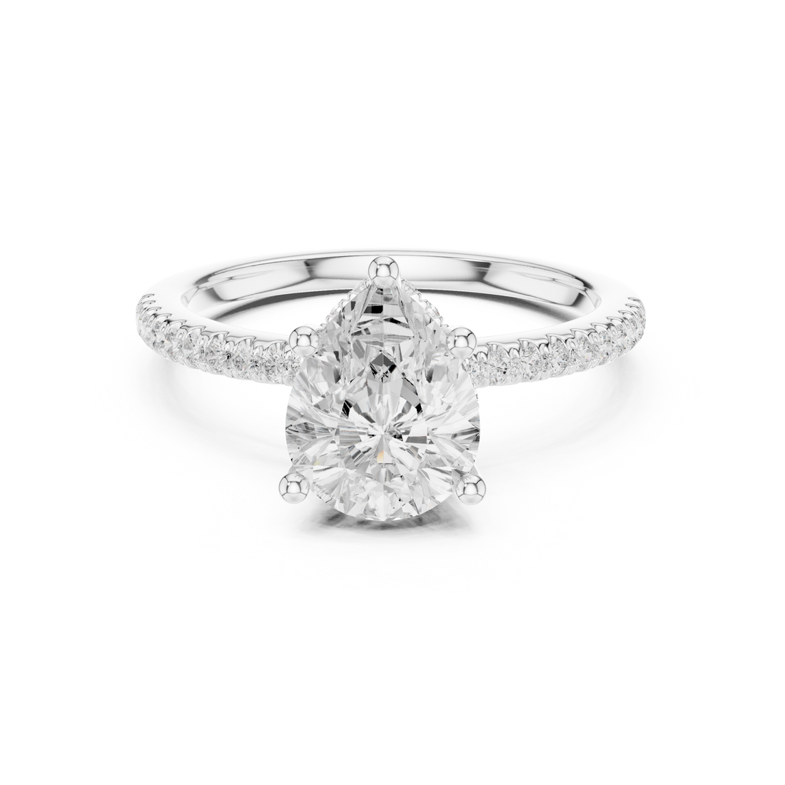 Pear Cut Hidden Halo Cathedral Pavé Engagement Ring