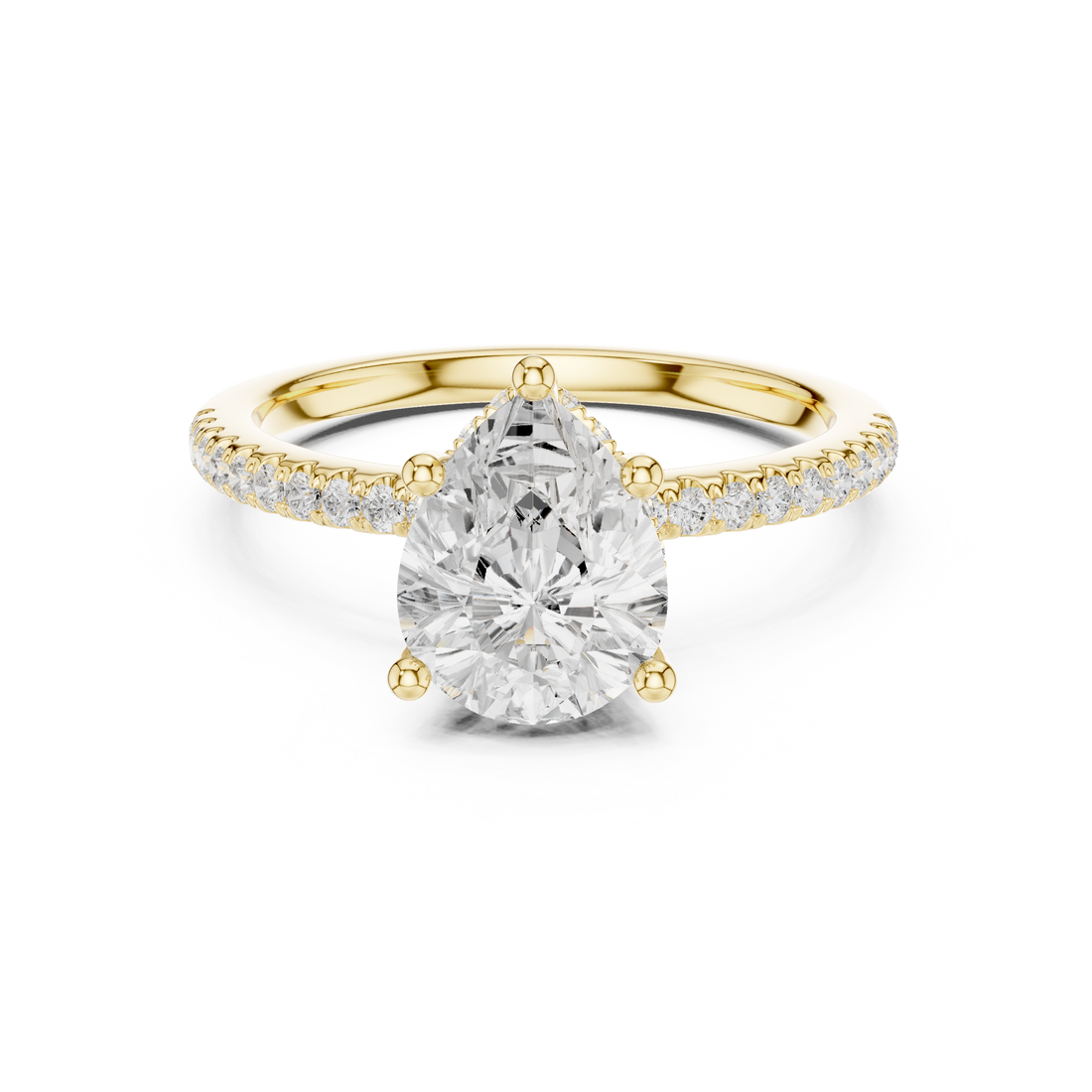 Pear Cut Hidden Halo Cathedral Pavé Engagement Ring
