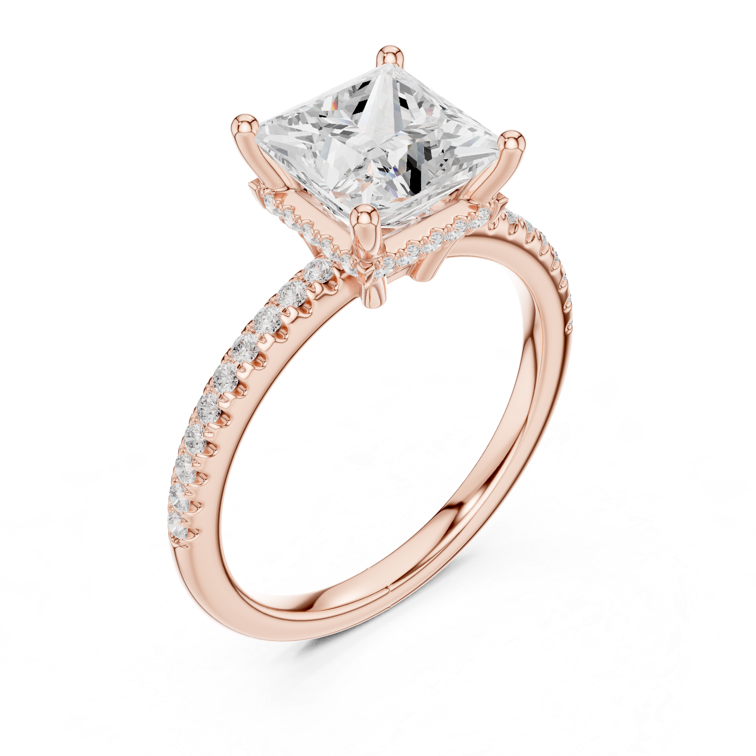 Princess Cut Hidden Halo Cathedral Pavé Engagement Ring