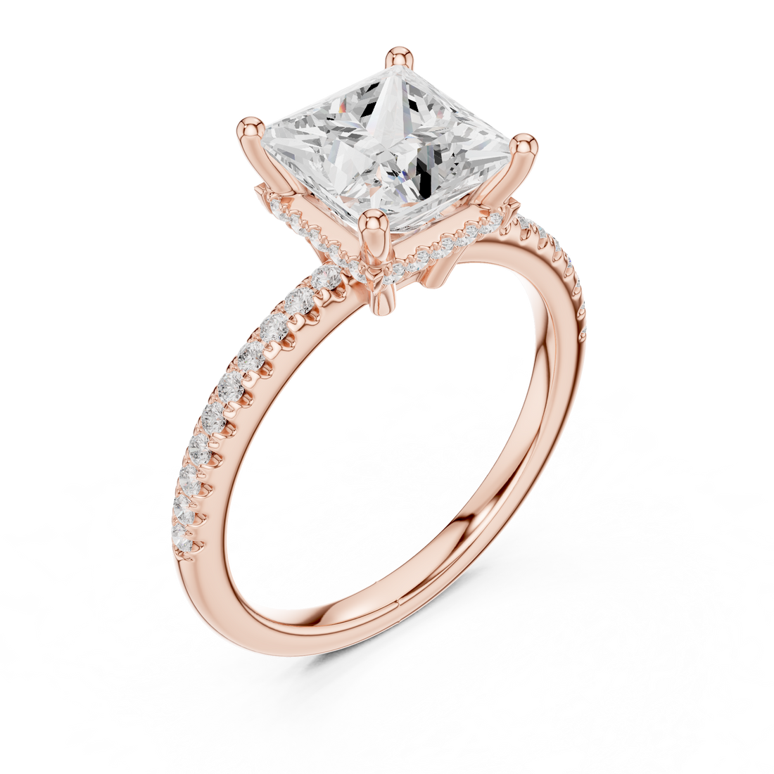 Princess Cut Hidden Halo Cathedral Pavé Engagement Ring