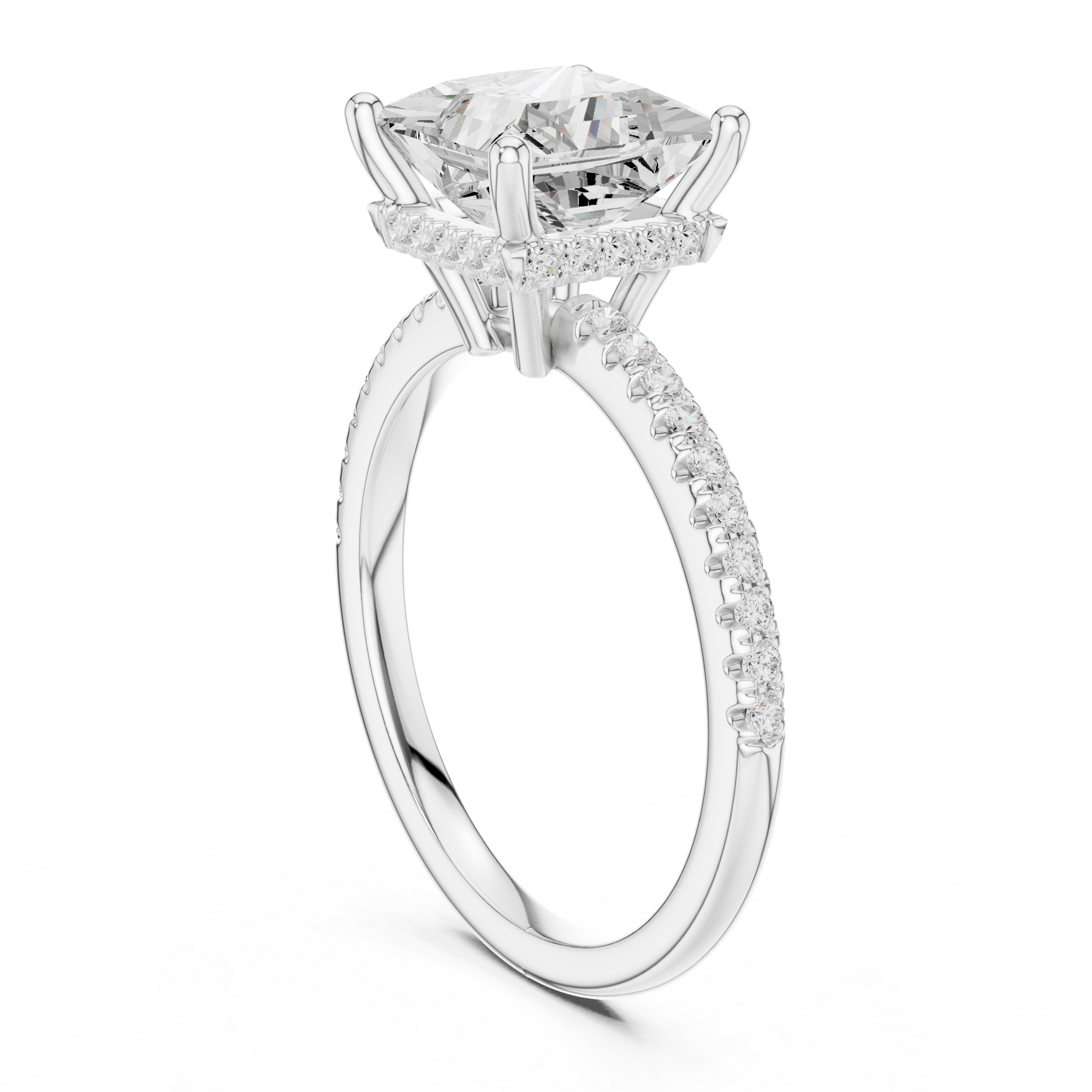 Princess Cut Hidden Halo Cathedral Pavé Engagement Ring