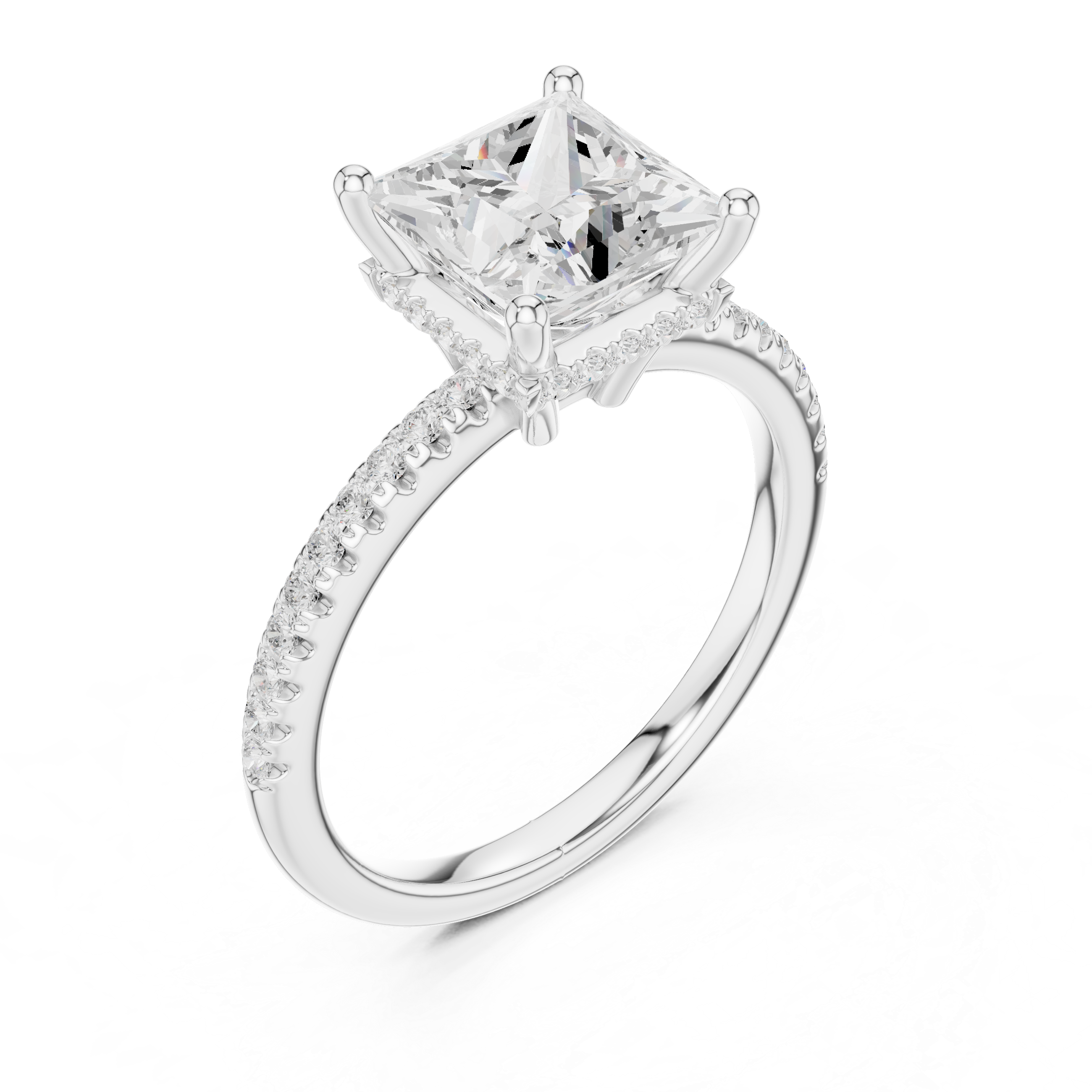 Princess Cut Hidden Halo Cathedral Pavé Engagement Ring