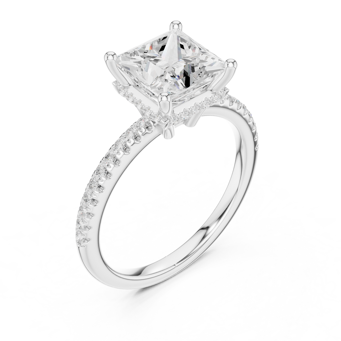 Princess Cut Hidden Halo Cathedral Pavé Engagement Ring