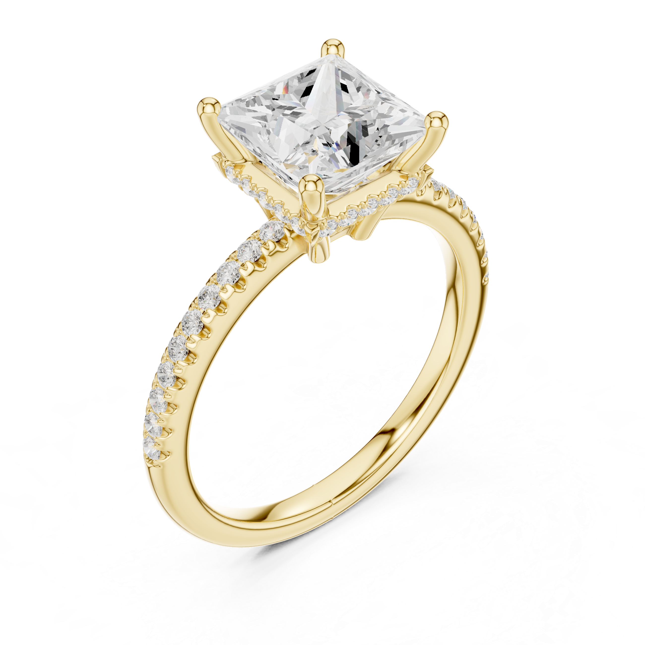 Princess Cut Hidden Halo Cathedral Pavé Engagement Ring