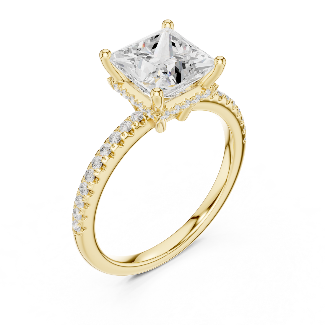 Princess Cut Hidden Halo Cathedral Pavé Engagement Ring