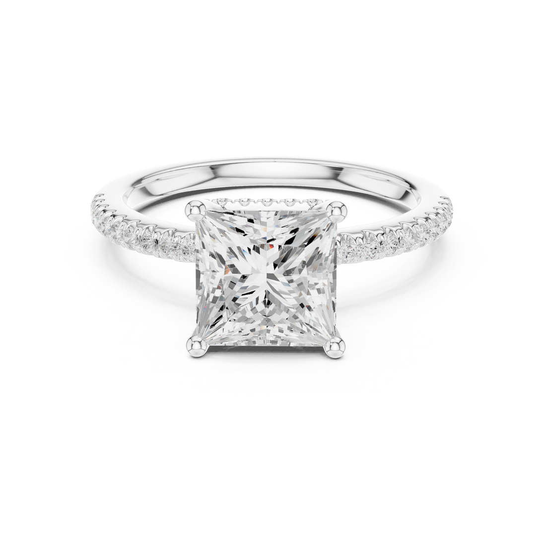Princess Cut Hidden Halo Cathedral Pavé Engagement Ring