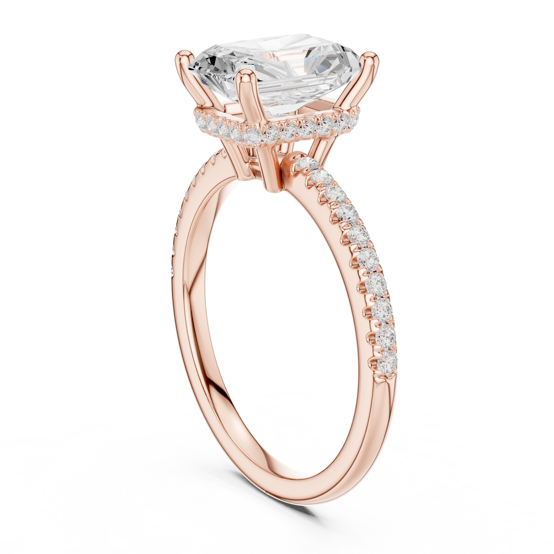 Radiant Cut Hidden Halo Cathedral Pavé Engagement Ring