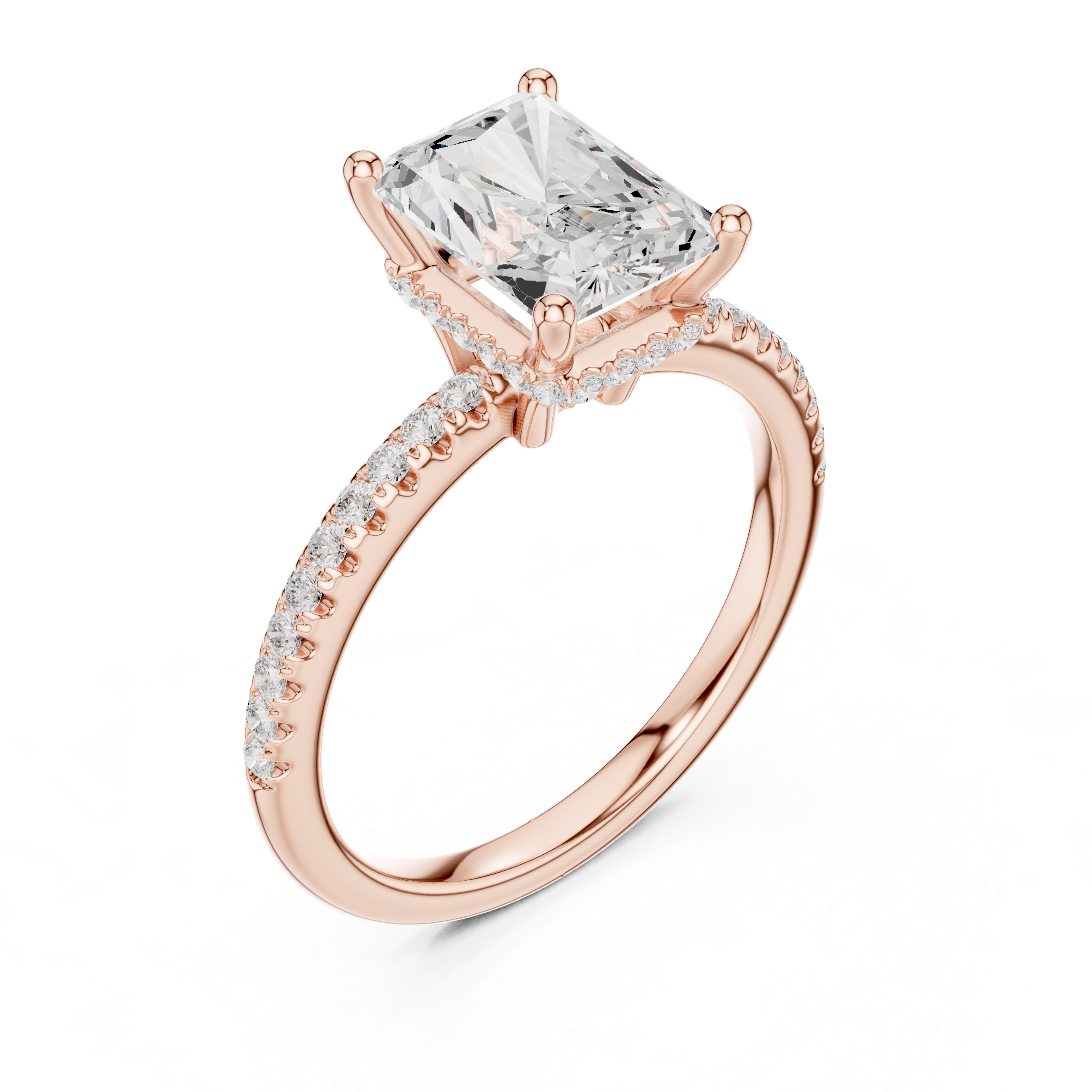 Radiant Cut Hidden Halo Cathedral Pavé Engagement Ring