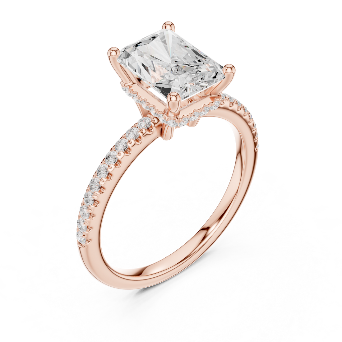 Radiant Cut Hidden Halo Cathedral Pavé Engagement Ring