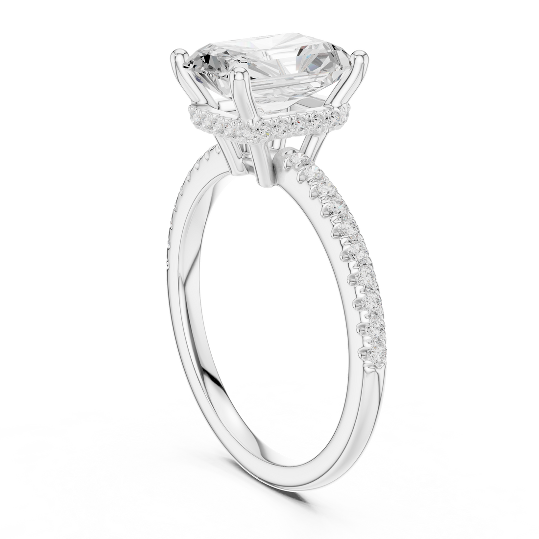 Radiant Cut Hidden Halo Cathedral Pavé Engagement Ring