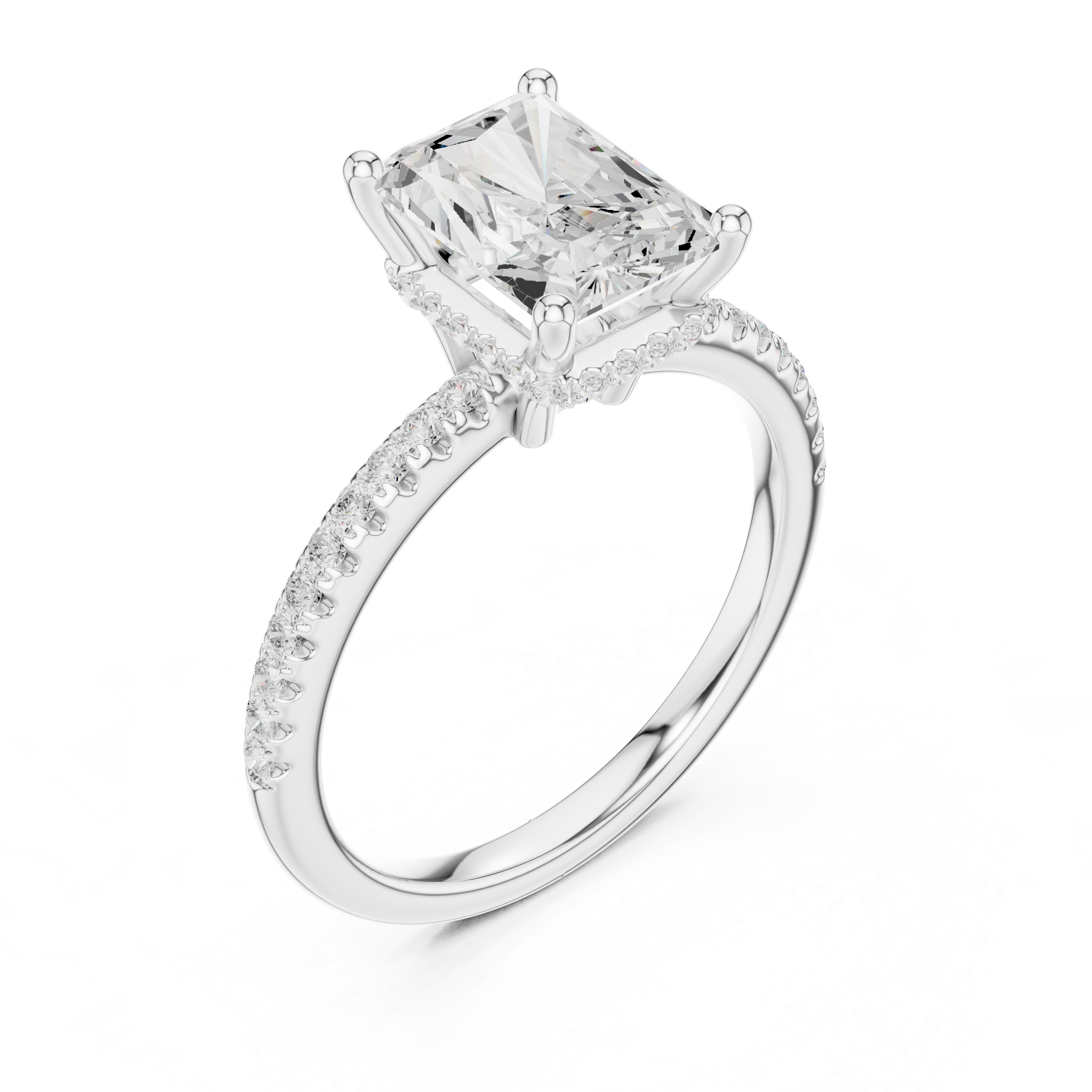 Radiant Cut Hidden Halo Cathedral Pavé Engagement Ring
