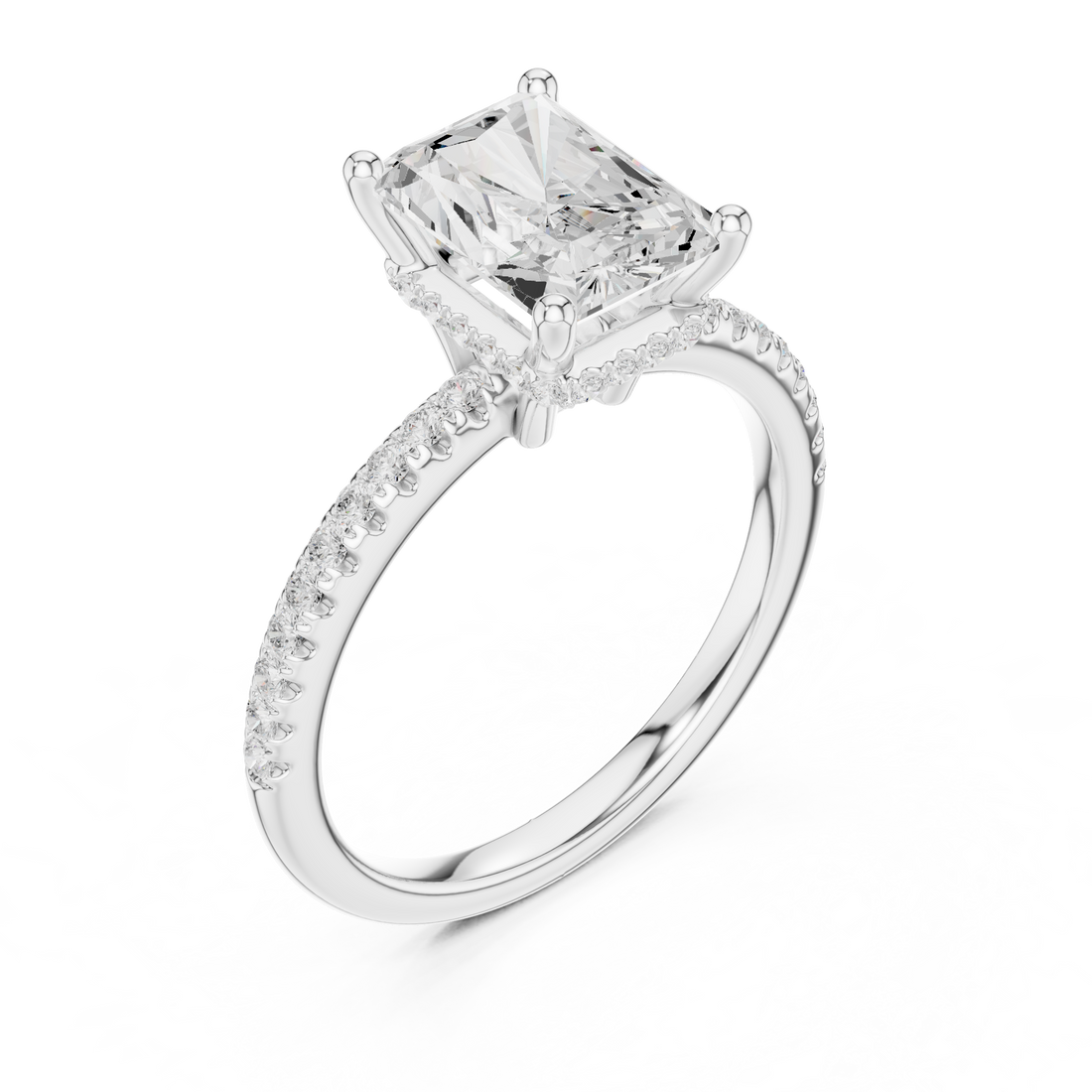 Radiant Cut Hidden Halo Cathedral Pavé Engagement Ring