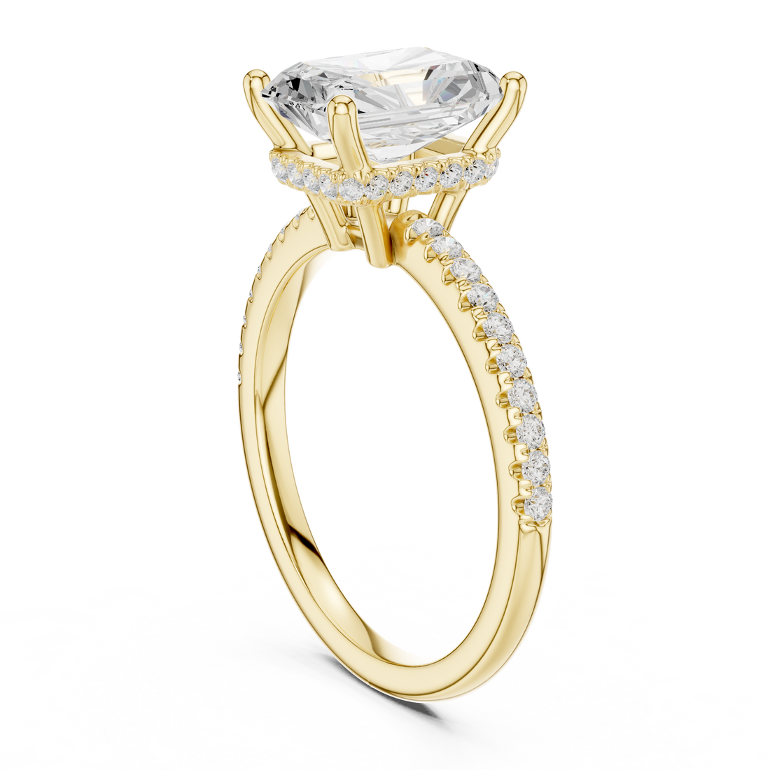 Radiant Cut Hidden Halo Cathedral Pavé Engagement Ring