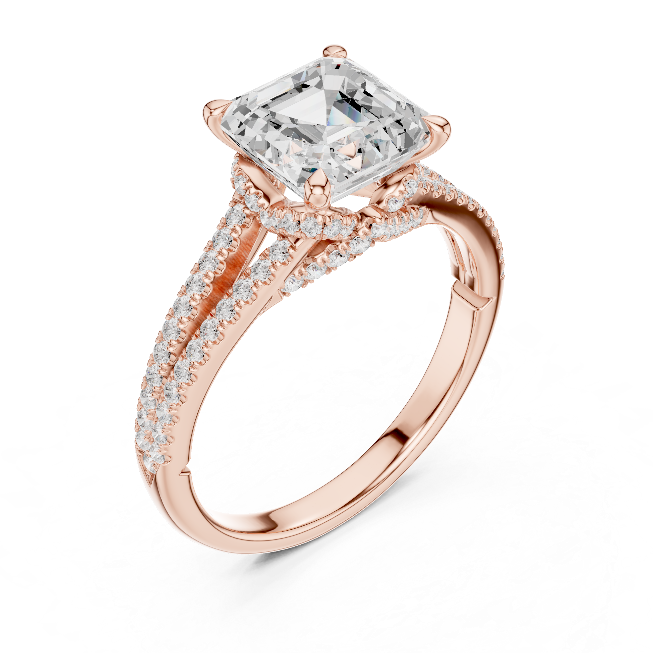 Asscher Cut Solitaire Engagement Ring with Split Shank Pavé Diamond Band