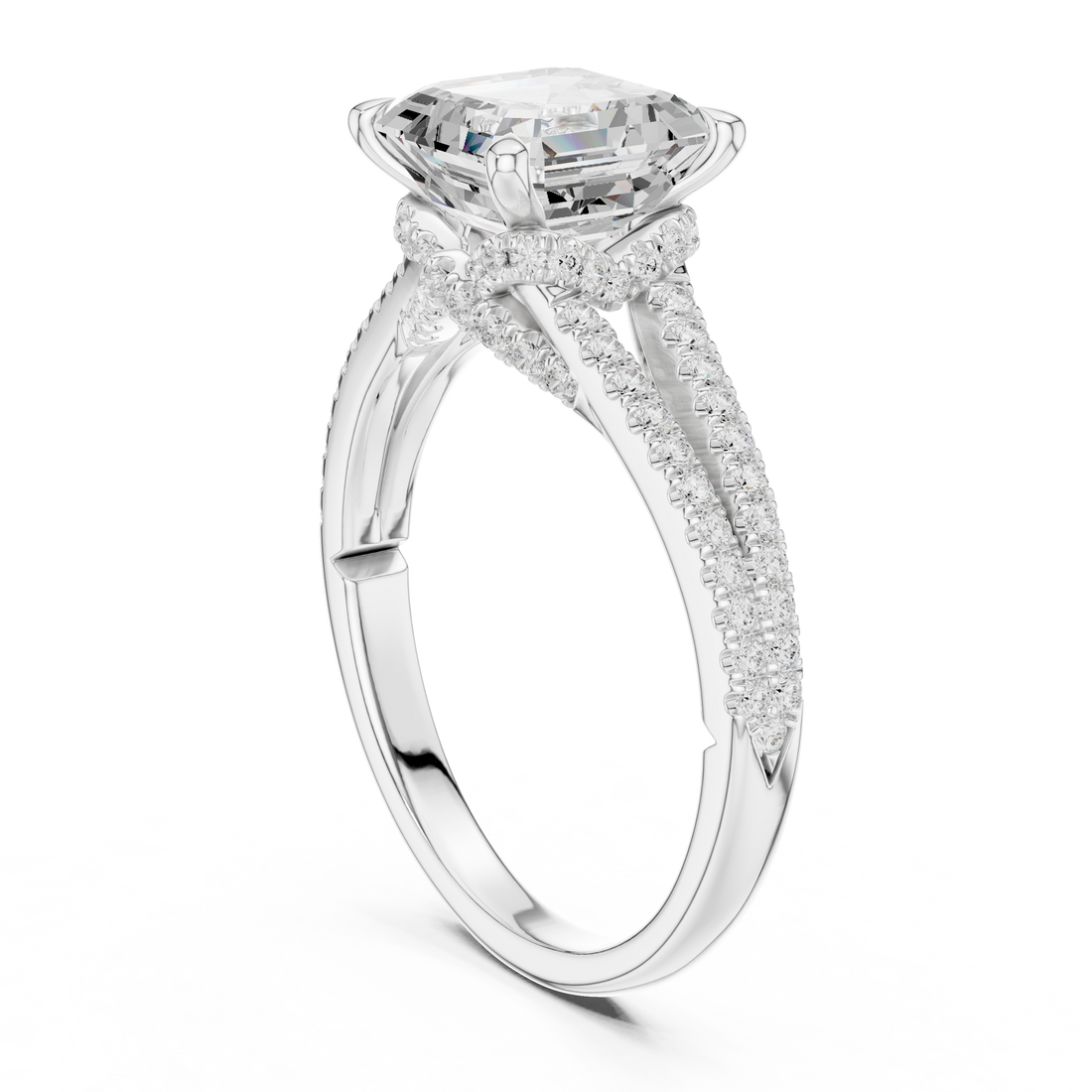 Asscher Cut Solitaire Engagement Ring with Split Shank Pavé Diamond Band