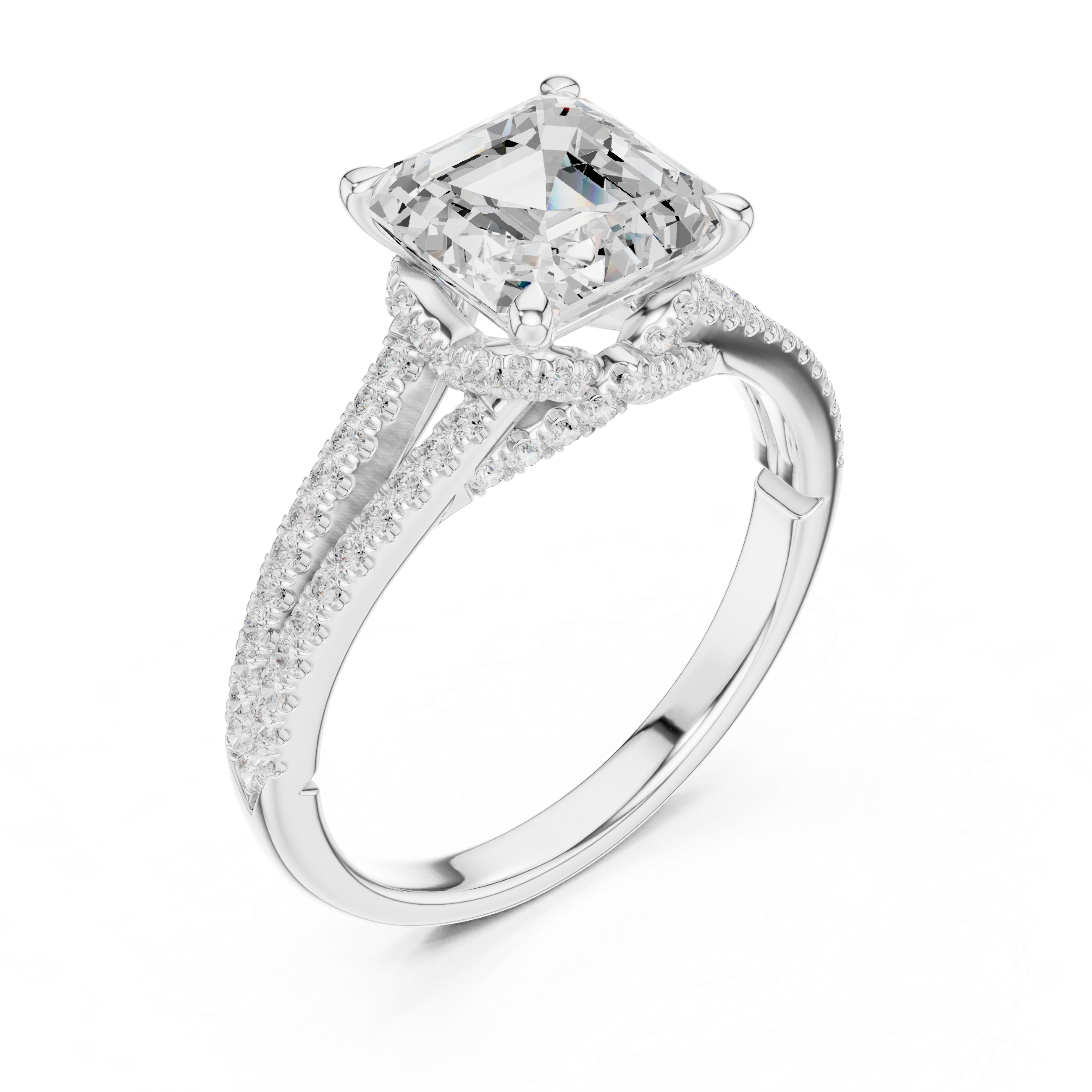 Asscher Cut Solitaire Engagement Ring with Split Shank Pavé Diamond Band