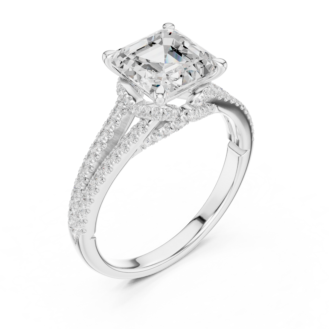 Asscher Cut Solitaire Engagement Ring with Split Shank Pavé Diamond Band