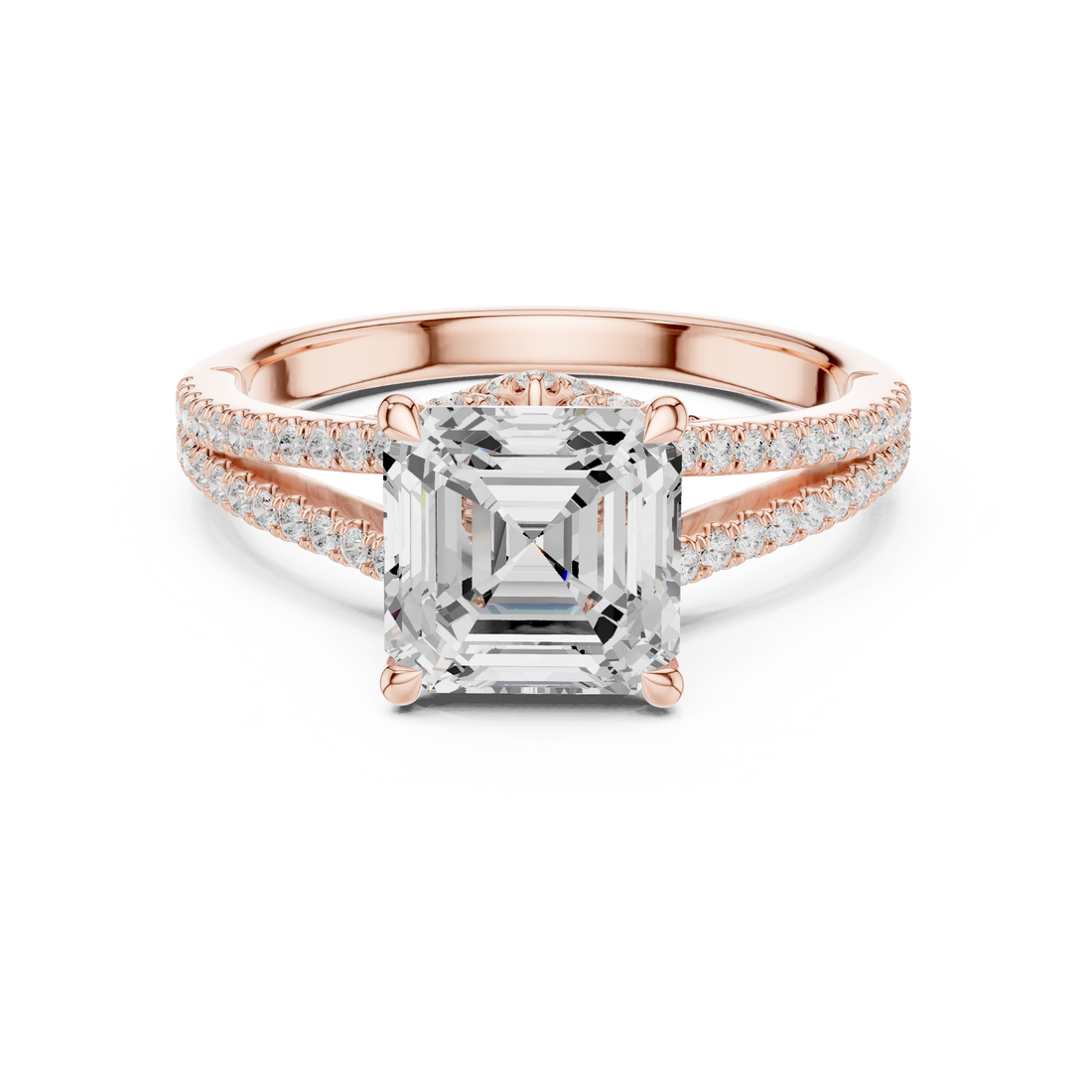 Asscher Cut Solitaire Engagement Ring with Split Shank Pavé Diamond Band