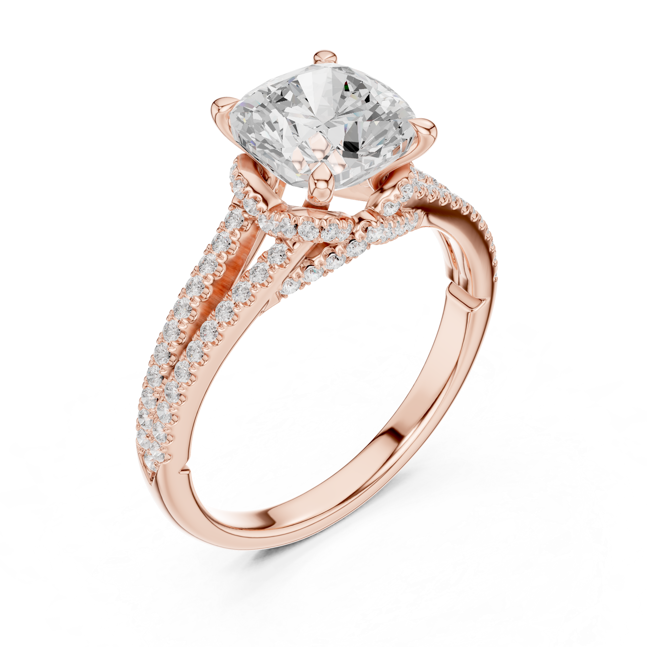 Cushion Cut Solitaire Engagement Ring with Split Shank Pavé Diamond Band