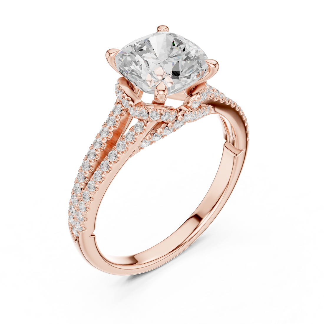 Cushion Cut Solitaire Engagement Ring with Split Shank Pavé Diamond Band