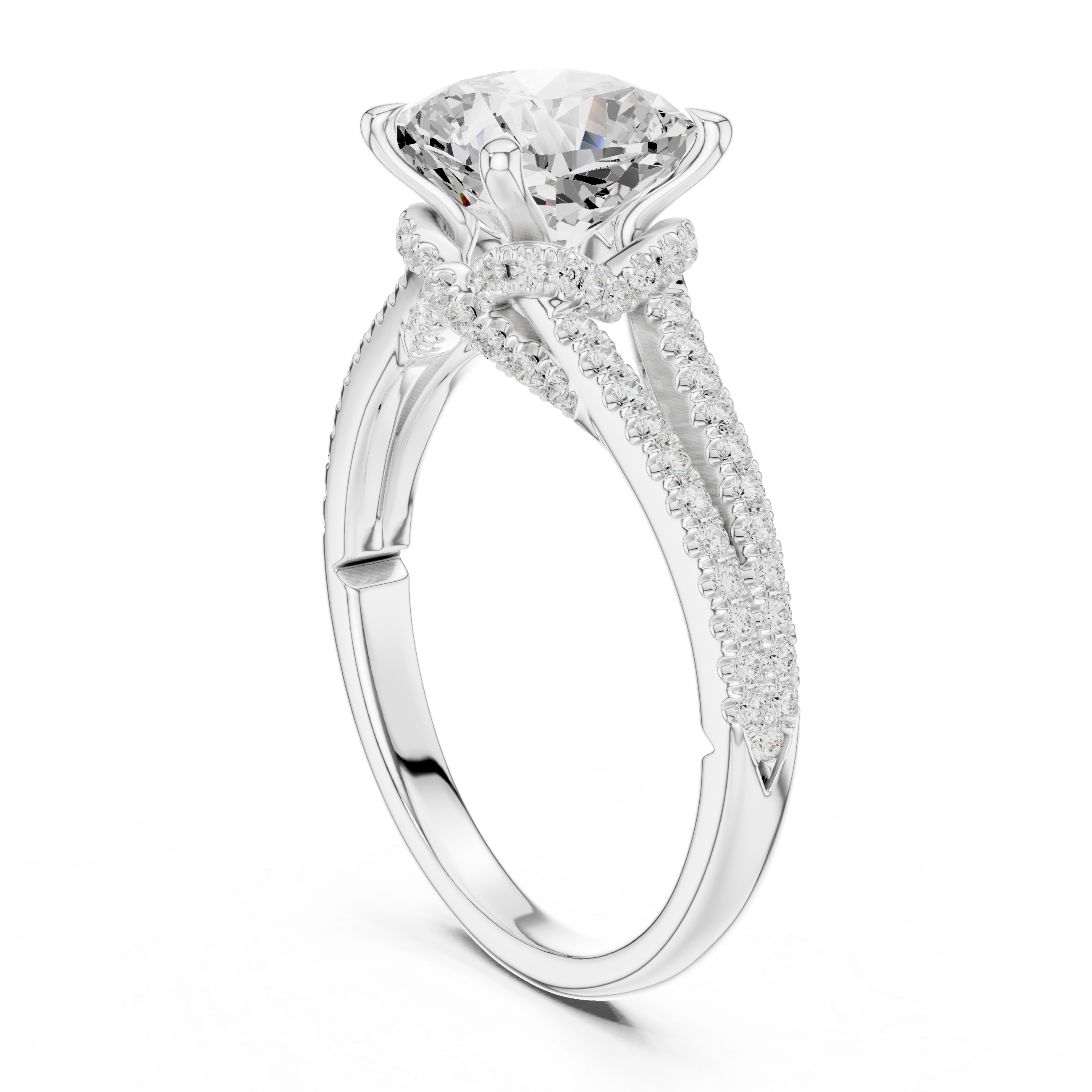 Cushion Cut Solitaire Engagement Ring with Split Shank Pavé Diamond Band