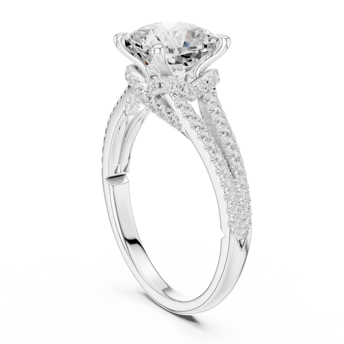 Cushion Cut Solitaire Engagement Ring with Split Shank Pavé Diamond Band