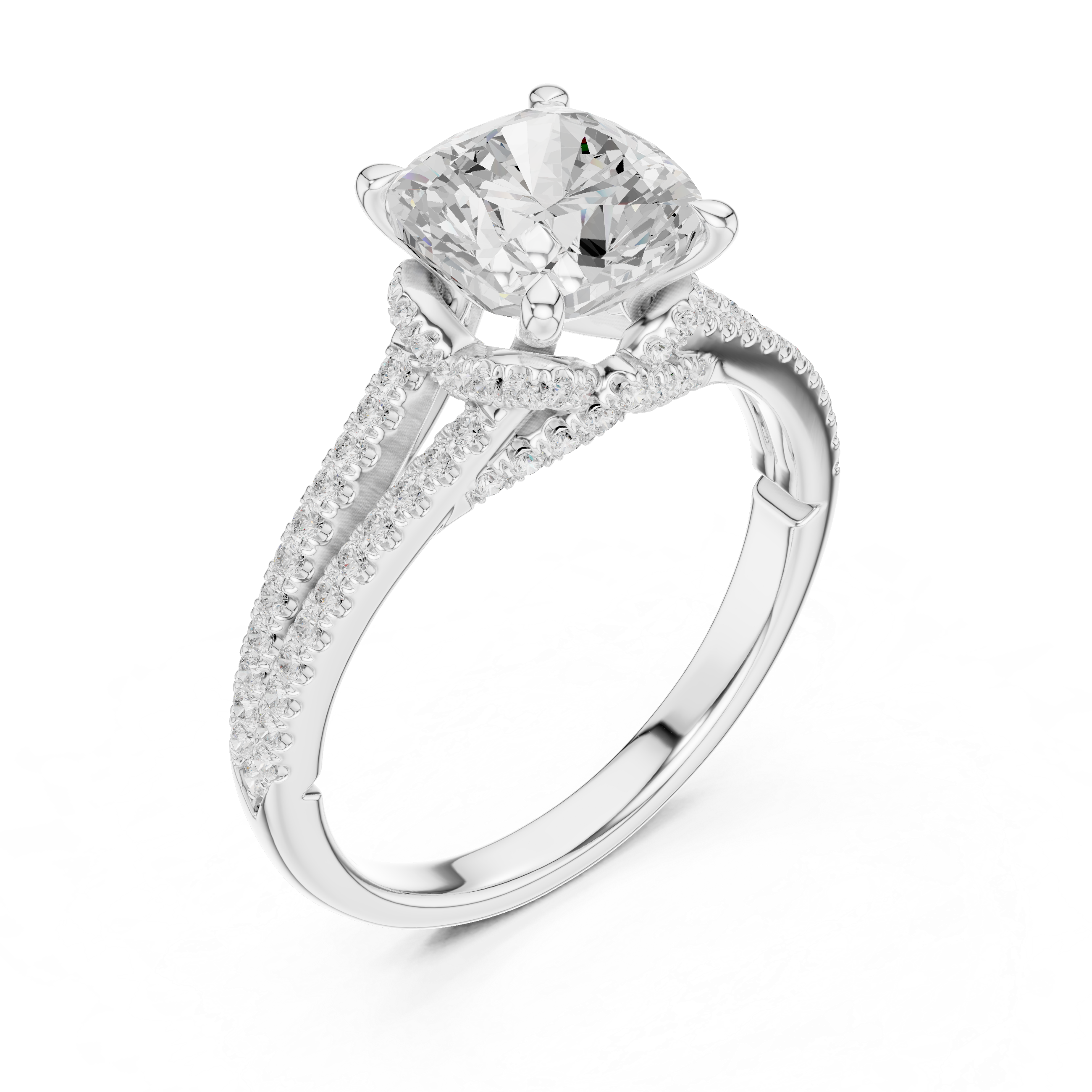Cushion Cut Solitaire Engagement Ring with Split Shank Pavé Diamond Band