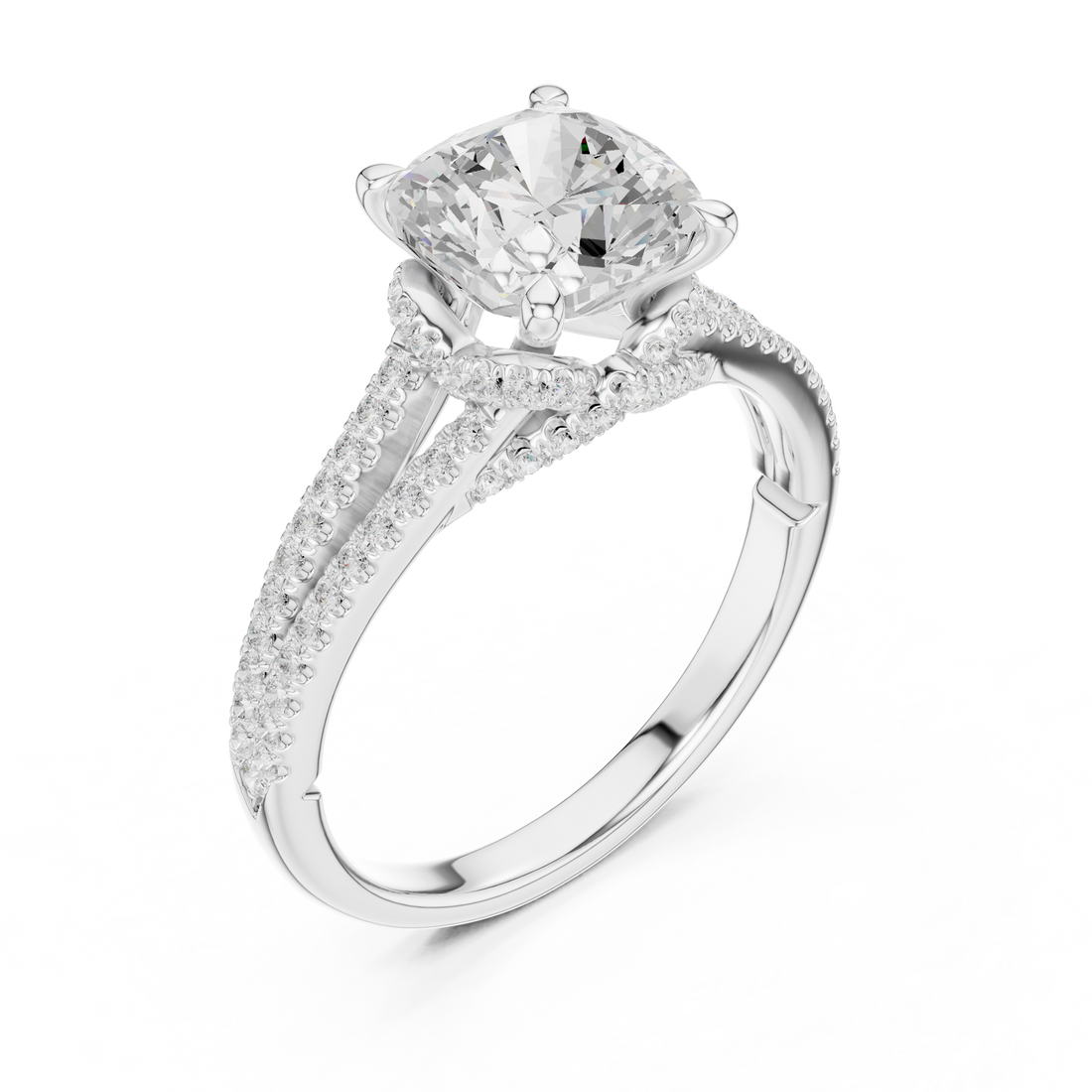 Cushion Cut Solitaire Engagement Ring with Split Shank Pavé Diamond Band
