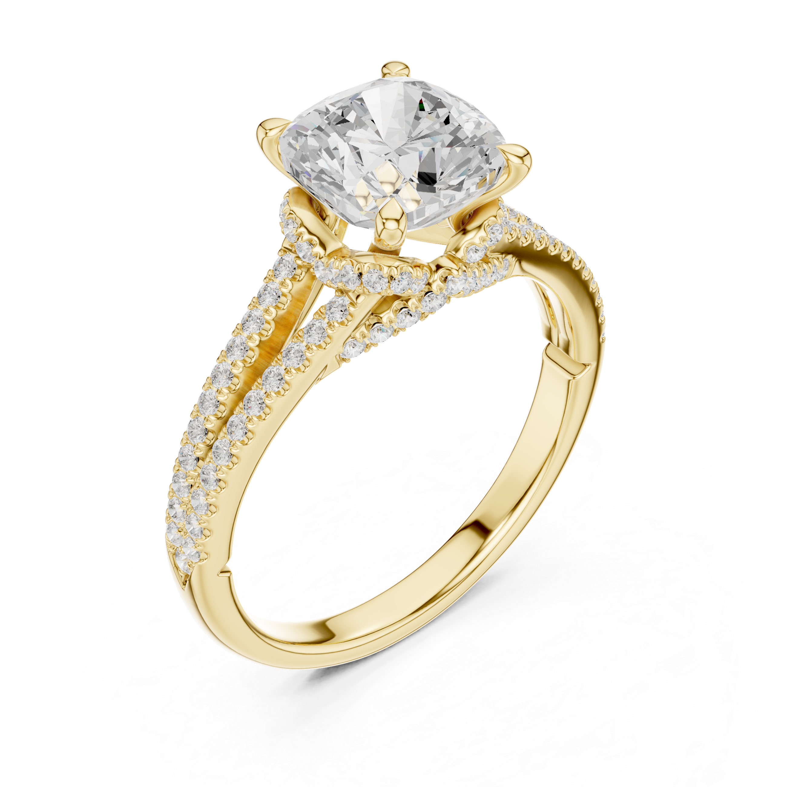 Cushion Cut Solitaire Engagement Ring with Split Shank Pavé Diamond Band