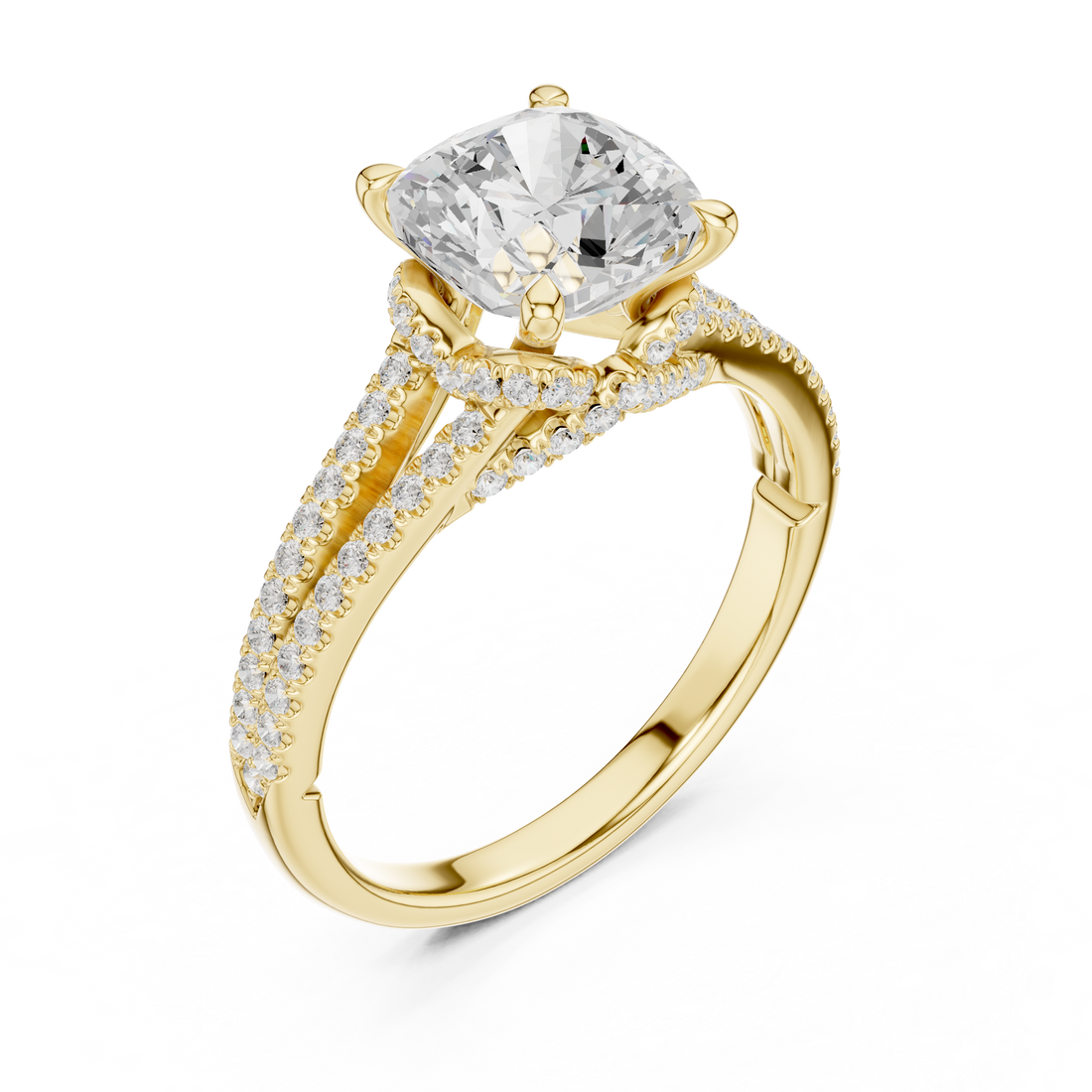 Cushion Cut Solitaire Engagement Ring with Split Shank Pavé Diamond Band