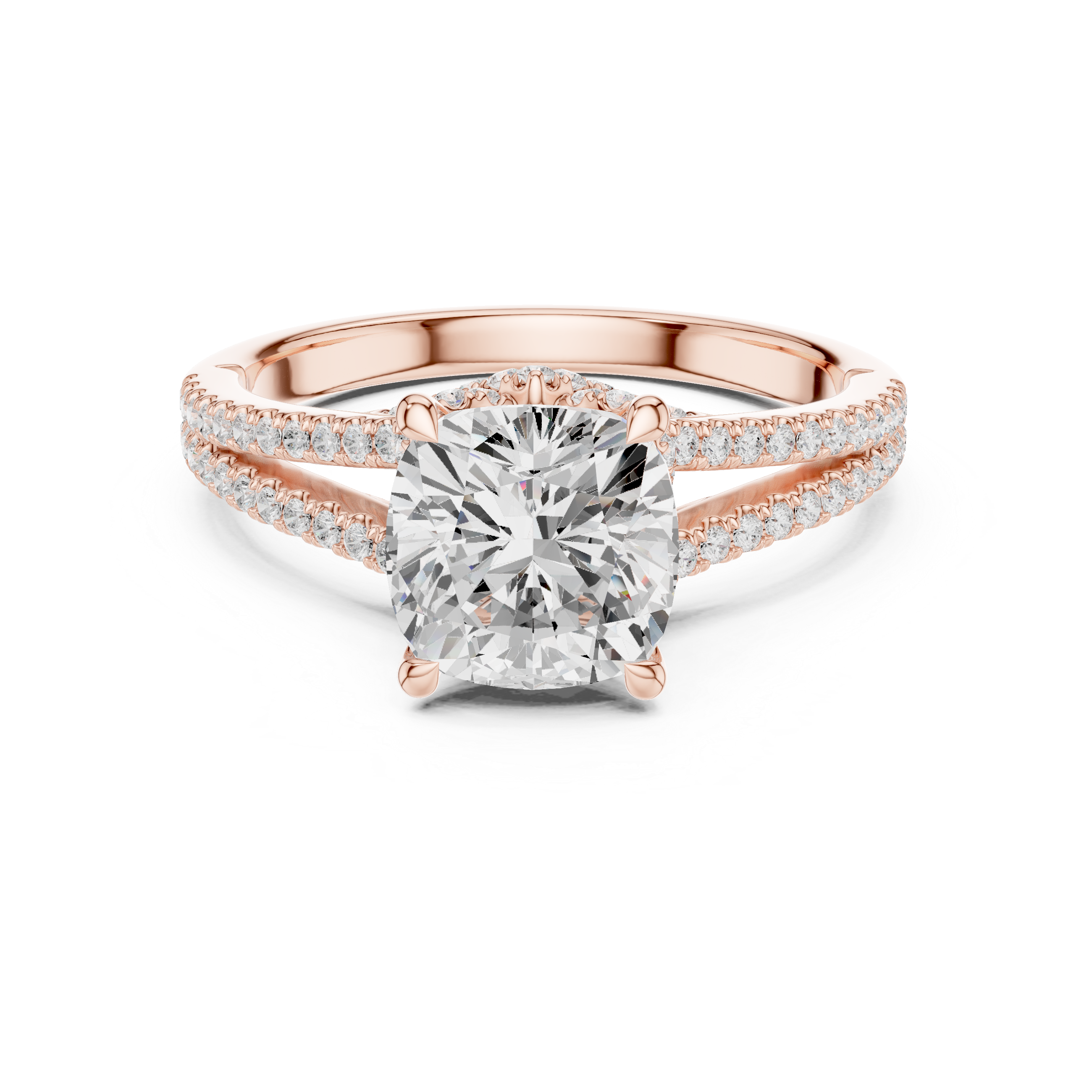 Cushion Cut Solitaire Engagement Ring with Split Shank Pavé Diamond Band